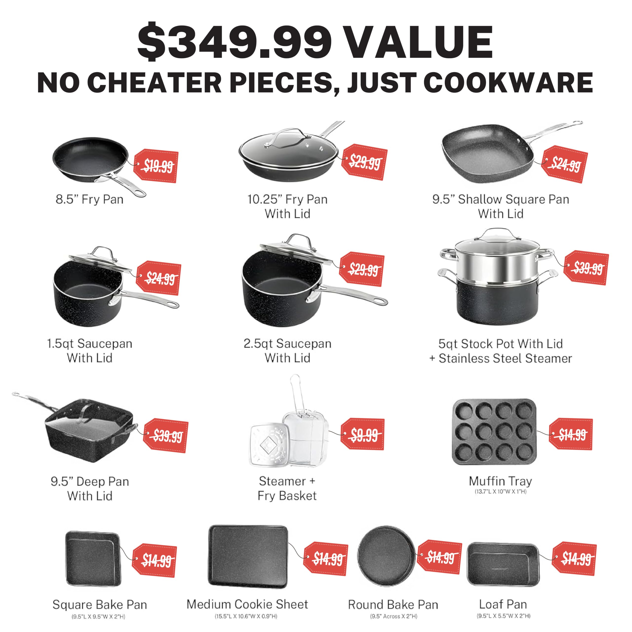 Granitestone True 20-Piece Nonstick Cookware Set with Deep Square Pan & Bakeware | PFOA & PFOS Free | Oven & Dishwasher Safe | Perfect for Home Cooking, Baking & Family Meals