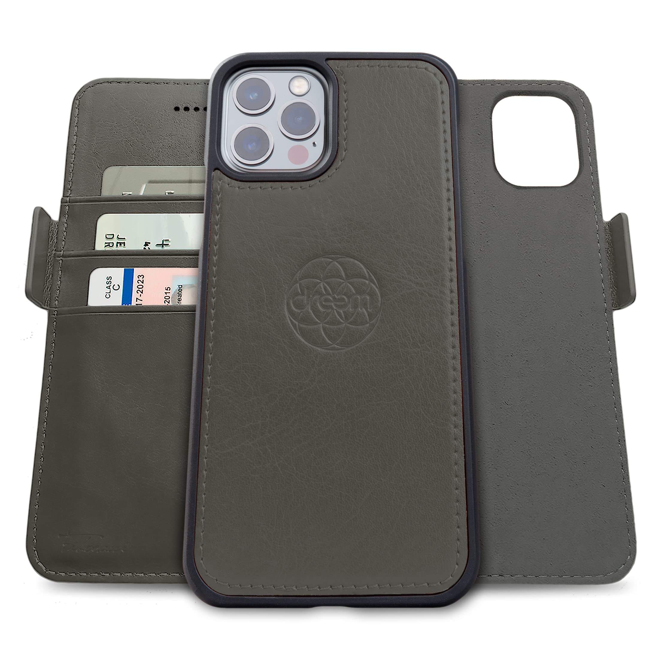 Premium Vegan Leather iPhone 13 Pro Max Wallet Case with Detachable Design - 2-in-1 Magnetic Cover with Built-in Kickstand, RFID Blocking Card Holder & MagSafe Compatibility (Grey) | Perfect for Business Travel, Daily Commute & Hands-Free Video Watching