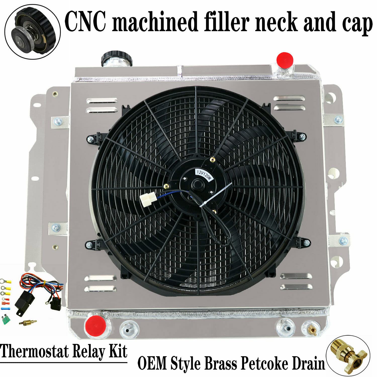 High Performance 4-Row Aluminum Radiator with Fan Shroud & Relay Kit for 1987-2006 Jeep Wrangler YJ/TJ (2.4L 2.5L 4.0L 4.2L L4 L6) - Heavy Duty Cooling Upgrade for Off-Road & Racing Adventures