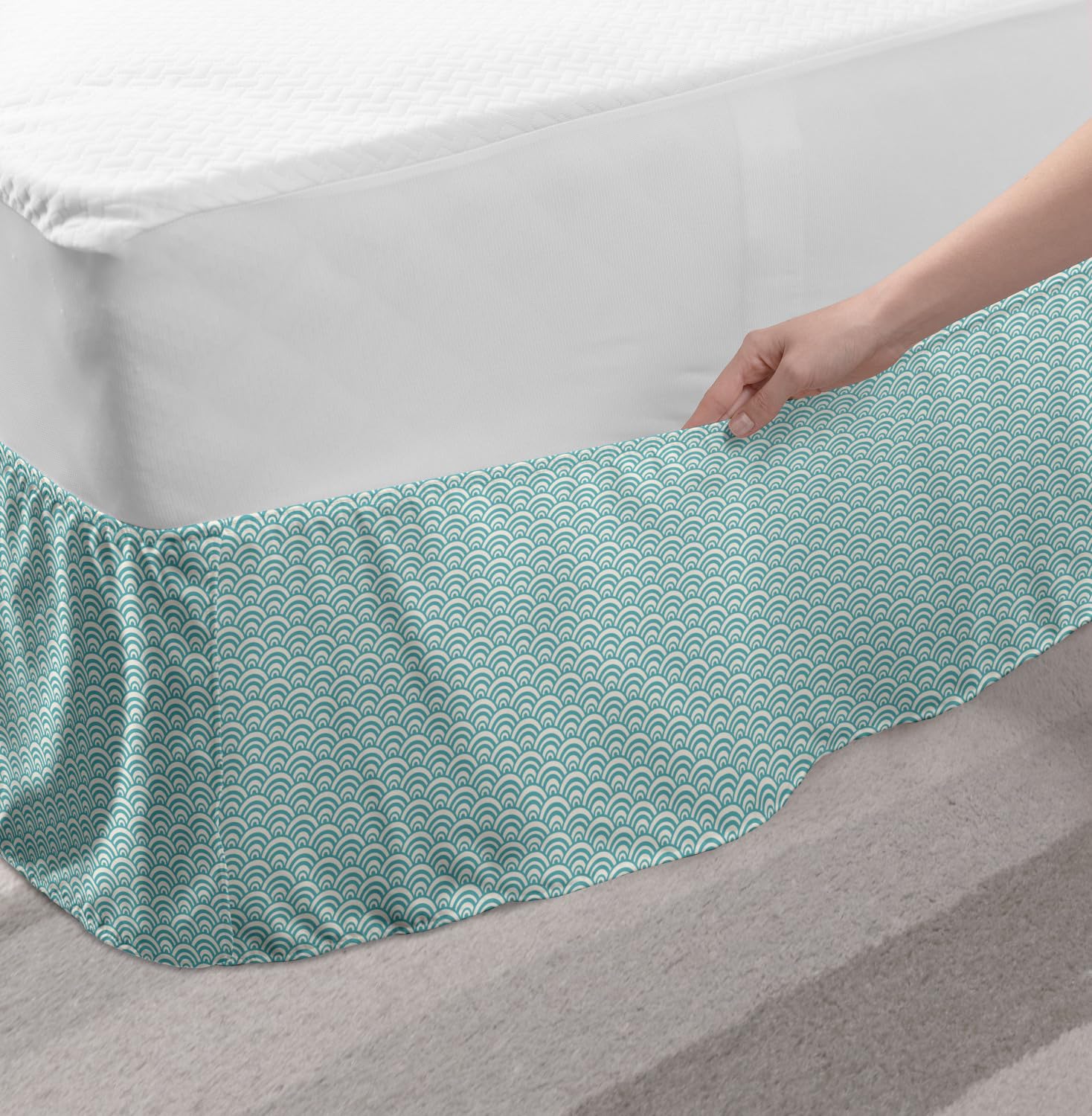 Ambesonne Aqua Bed Skirt with Curvy Lines & Bubble Design - Ocean Wave Pattern Elastic Dust Ruffle Wrap Around Bed Skirt for Full Size Beds - Sky Blue & White Coastal Bedding Decor for Beach House, Summer Home or Nautical Themed Bedroom