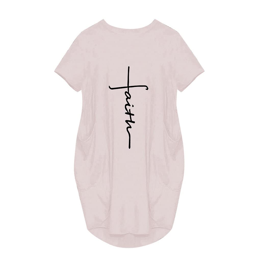 **Women's Faith Oversized T-Shirt Dress - Casual Baggy Short Sleeve Midi Dress with Pocket - Perfect for Summer, Beach, and Everyday Wear**