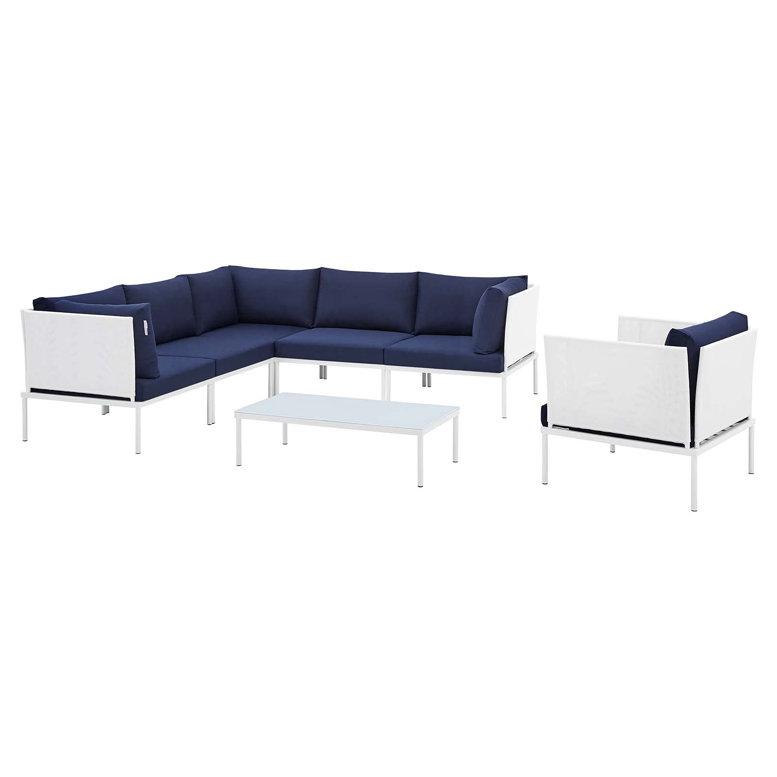Modern Outdoor Lounge Sectional Sofa Set with Chair & Table - Aluminum Frame in White, Blue & Navy - Perfect for Patio, Garden & Poolside Relaxation