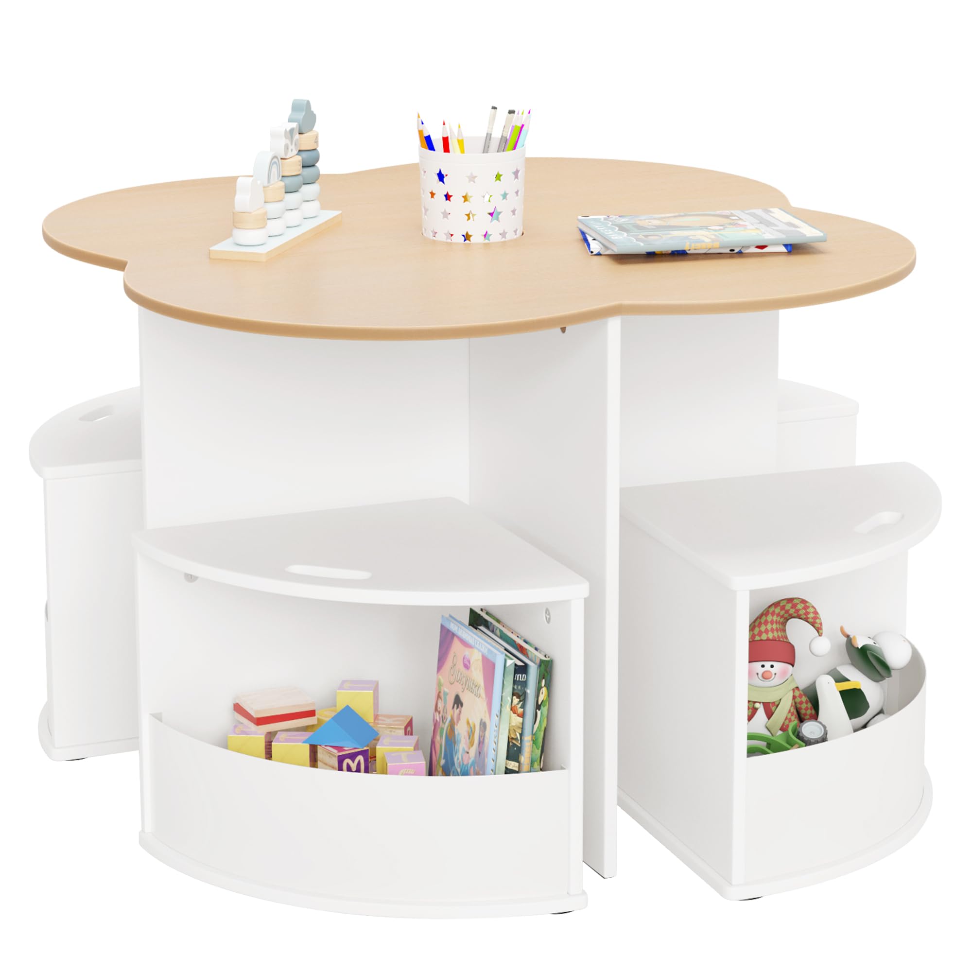Flower-Shaped Toddler Table and Chair Set with 4 Storage Stools & Built-in Pen Holder - Kids Activity Table for Play, Art, Reading & Crafts (Natural/White) - Perfect for Preschool Learning, Daycare Centers & Home Playrooms