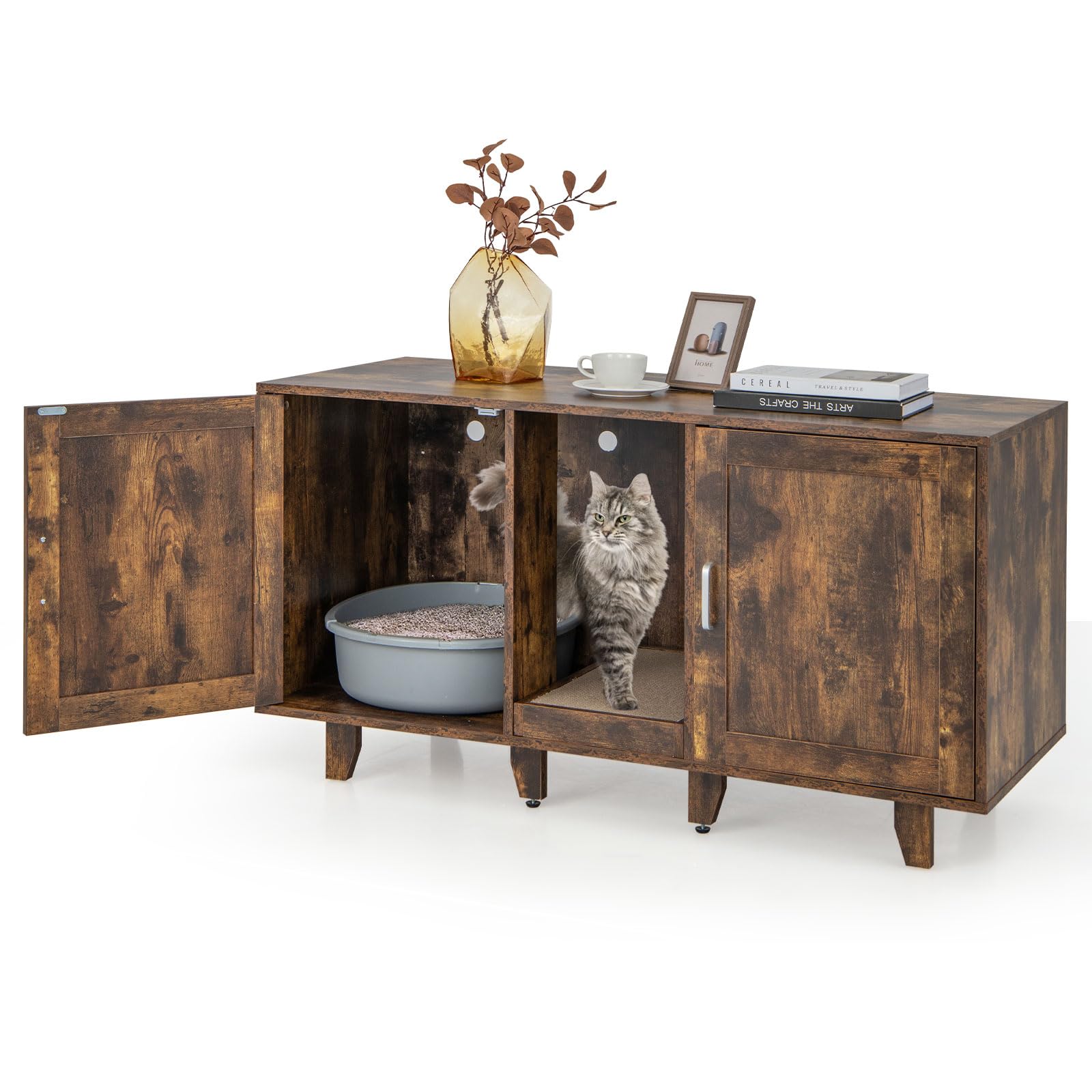 Tangkula Double Cat Litter Box Enclosure for 2 Cats - Large Stackable Hidden Litter Box Cabinet with Scratching Board - Rustic Brown Cat Furniture for Indoor Use | Perfect for Living Room, Bedroom or Home Office Concealment