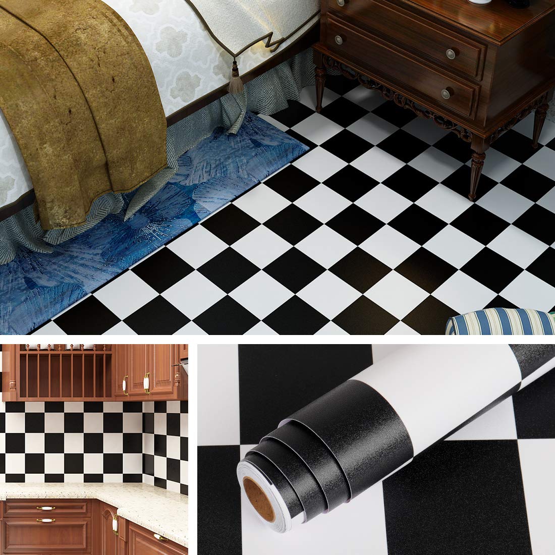 Livelynine 15.8x394 Inch Black & White Checkered Peel and Stick Vinyl Flooring - Waterproof Adhesive Contact Paper for RV, Kitchen, Bathroom Tiles | Easy DIY Floor & Wall Covering for Home Renovation & Decoration