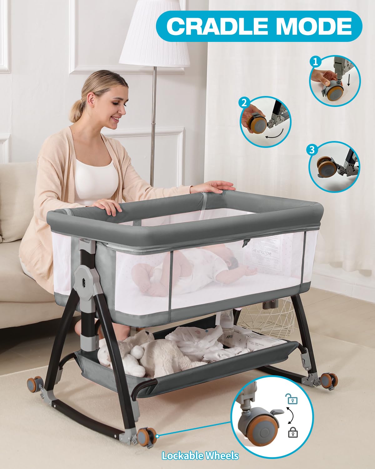 Portable Baby Bassinet with Wheels & Breathable Mesh - Adjustable Height, Foldable Design, Mosquito Net & Storage Basket - Perfect for Nursery, Bedside Co-Sleeping & Travel (Grey)