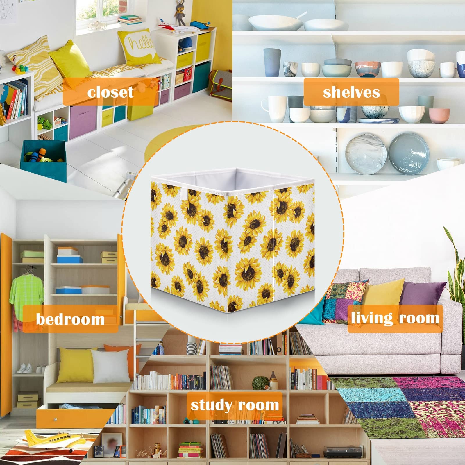 Foldable Collapsible Storage Baskets for Shelves - 16 x 11 Inch Sunflower Design Organizer Bins for Toys, Clothes, Books | Perfect for Closet, Pantry & Home Organization