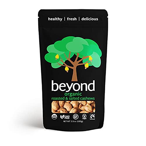 Beyond Organic Roasted & Salted Cashews, 3.5 oz Bag - Healthy Non-GMO Fairtrade Snack Pack - Individually Wrapped for Travel, Office & On-The-Go Nutrition