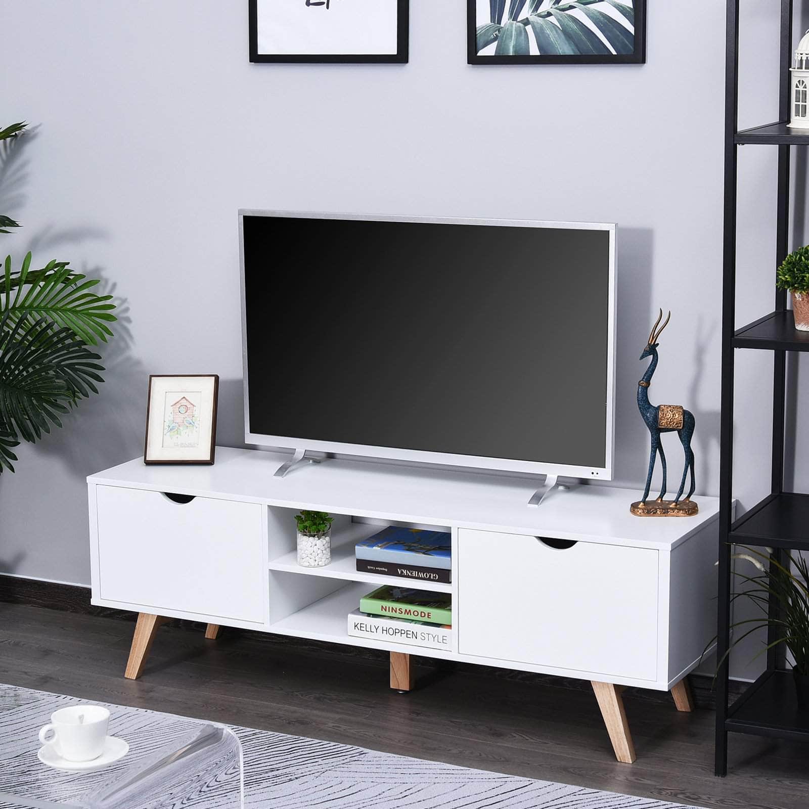 White TV Stand with 2 Cabinets & Shelves - Modern Entertainment Center for Living Room & Home Theater Setup