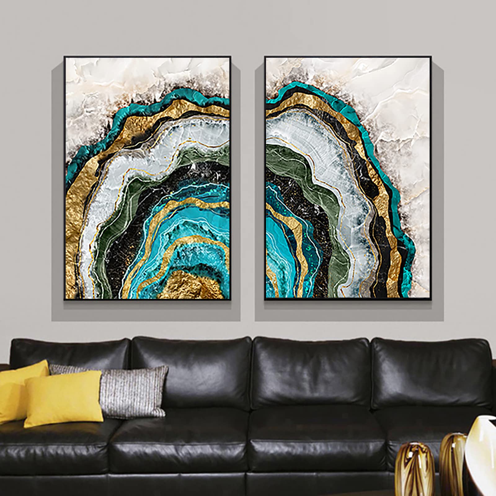 Modern Abstract Dark Green Gold Foil Lines Marble Canvas Wall Art - Set of 2 Unframed 16x24 Inch Prints - Trendy Home Decor for Living Room, Bedroom & Office - Contemporary Abstract Art for Modern Interior Design