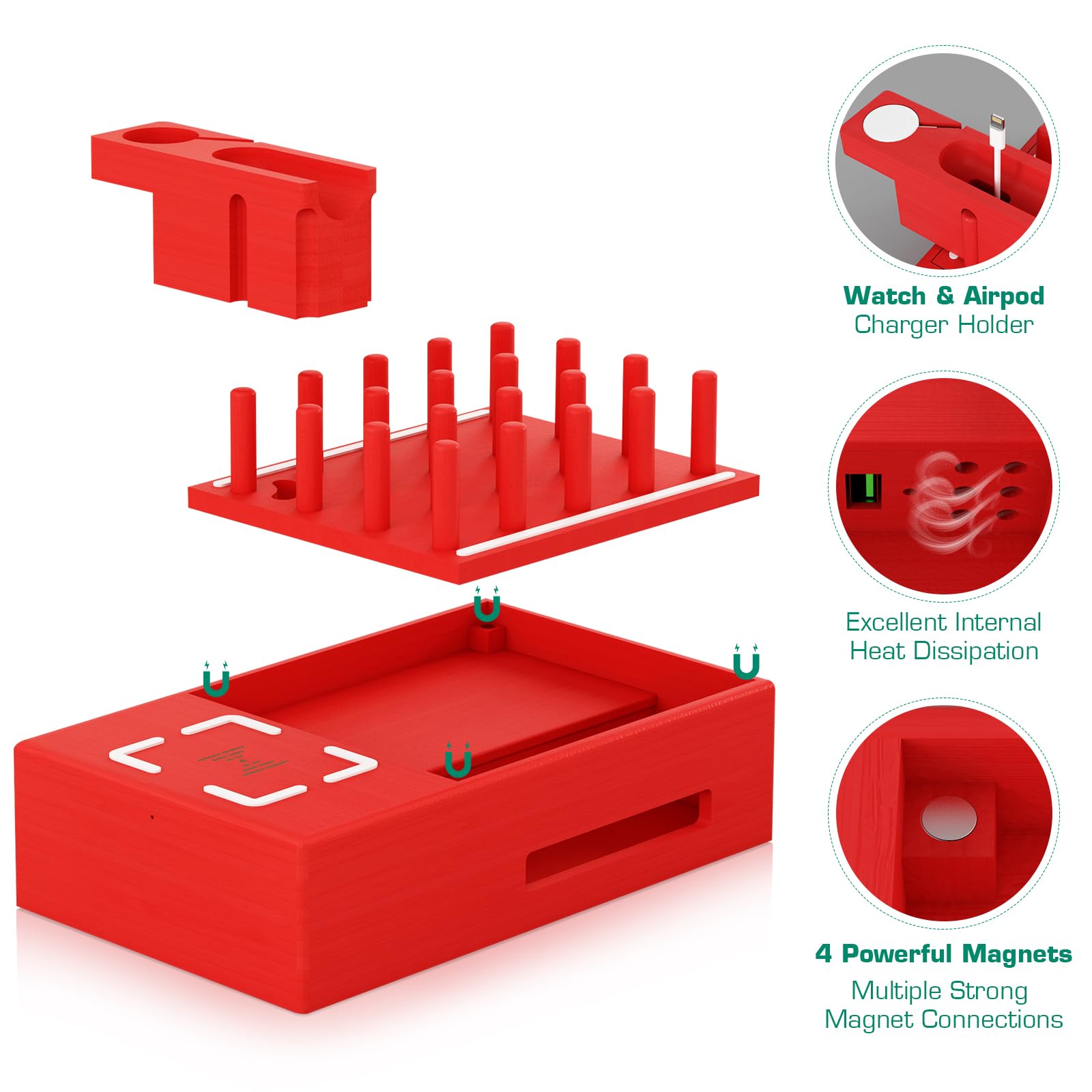 Darfoo Bamboo Wireless Charging Station - Qi Certified Fast Charger with 7 USB Ports for iPhone, Samsung, AirPods, Smartwatch & Tablets | Multi-Device Wood Organizer for Home, Office & Travel (Red)