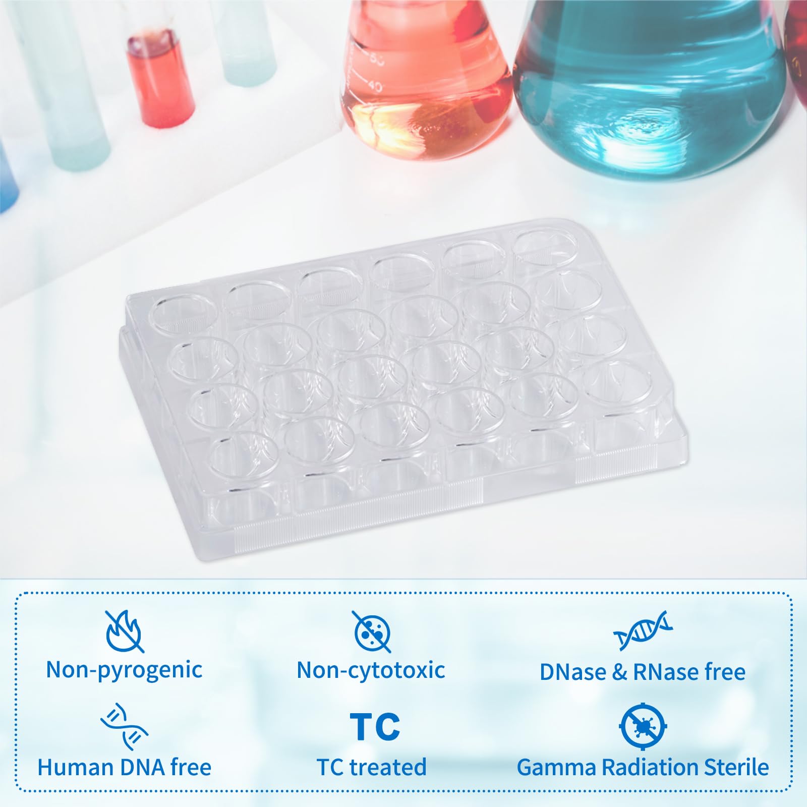 24-Well Polystyrene Cell Culture Plates with Lids - Sterile, Individually Wrapped, Tissue Culture Treated for Laboratory Use - Ideal for Cell Growth, Chemical Reactions & Biomedical Research (1 Plate/Bag)