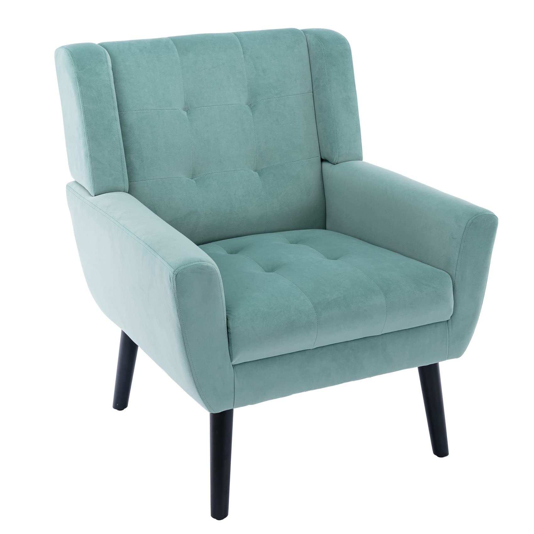 Midcentury Modern Velvet Accent Chair with Arms - Tufted Back Upholstered Wingback Reading Chair for Living Room, Bedroom & Office - Comfortable Lounge Seating Furniture in Mint Green - Perfect for Relaxing, Reading & Home Decor