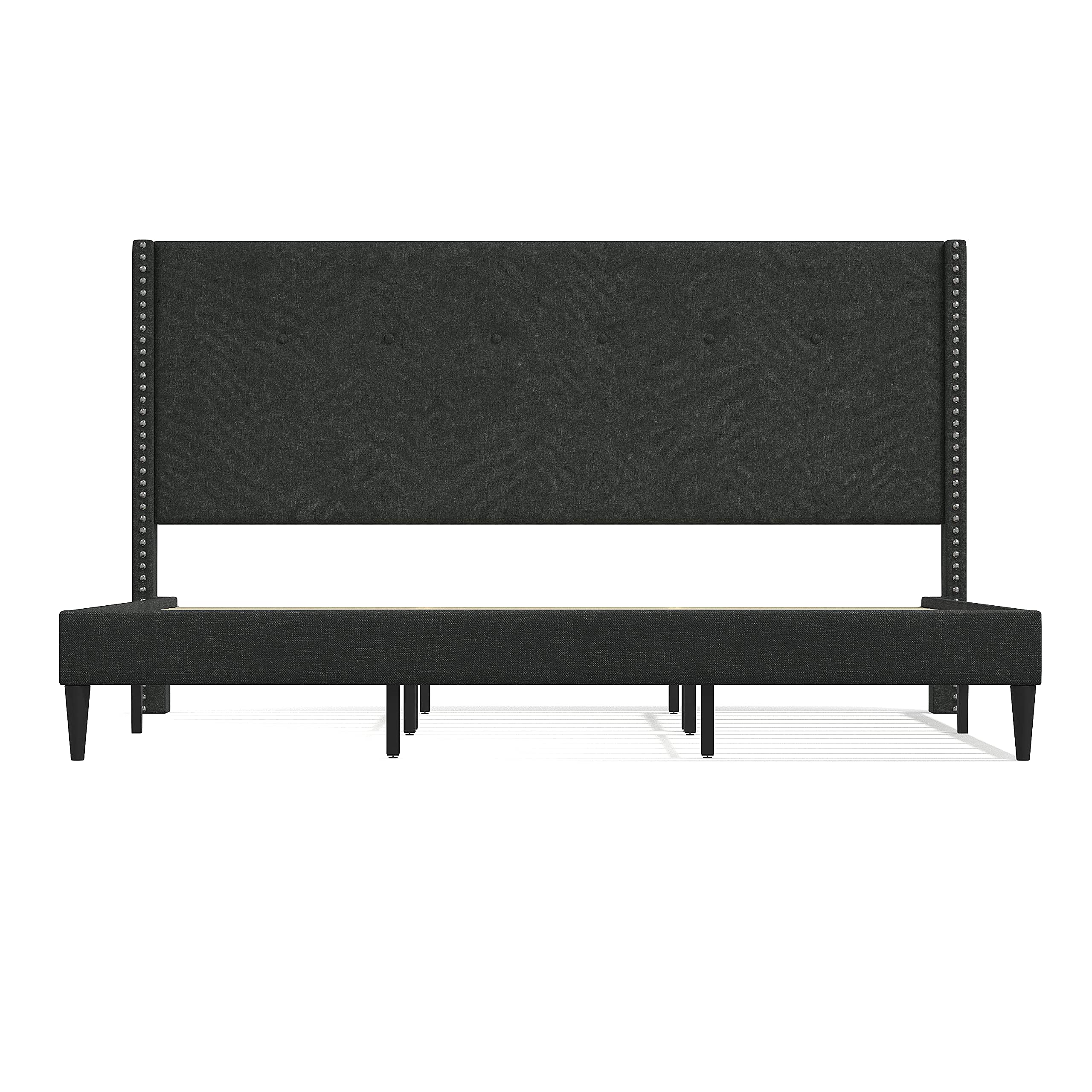 Glenwillow Home MCM Upholstered Platform Bed Frame with Nailhead Trim & Button Tufted Wingback - King Size Gray Bed - No Box Spring Needed - Easy Assembly - Perfect for Modern Bedroom & Guest Room Decor