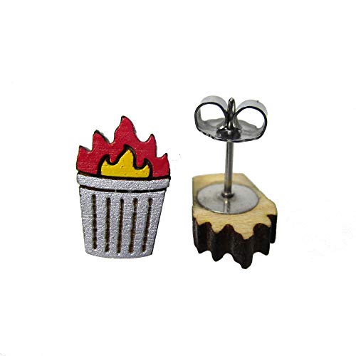 Funny Tiny Garbage Trash Can Fire Stud Earrings - Unique Novelty Jewelry for Women - Perfect for Parties, Cosplay & Punk Fashion Accessories