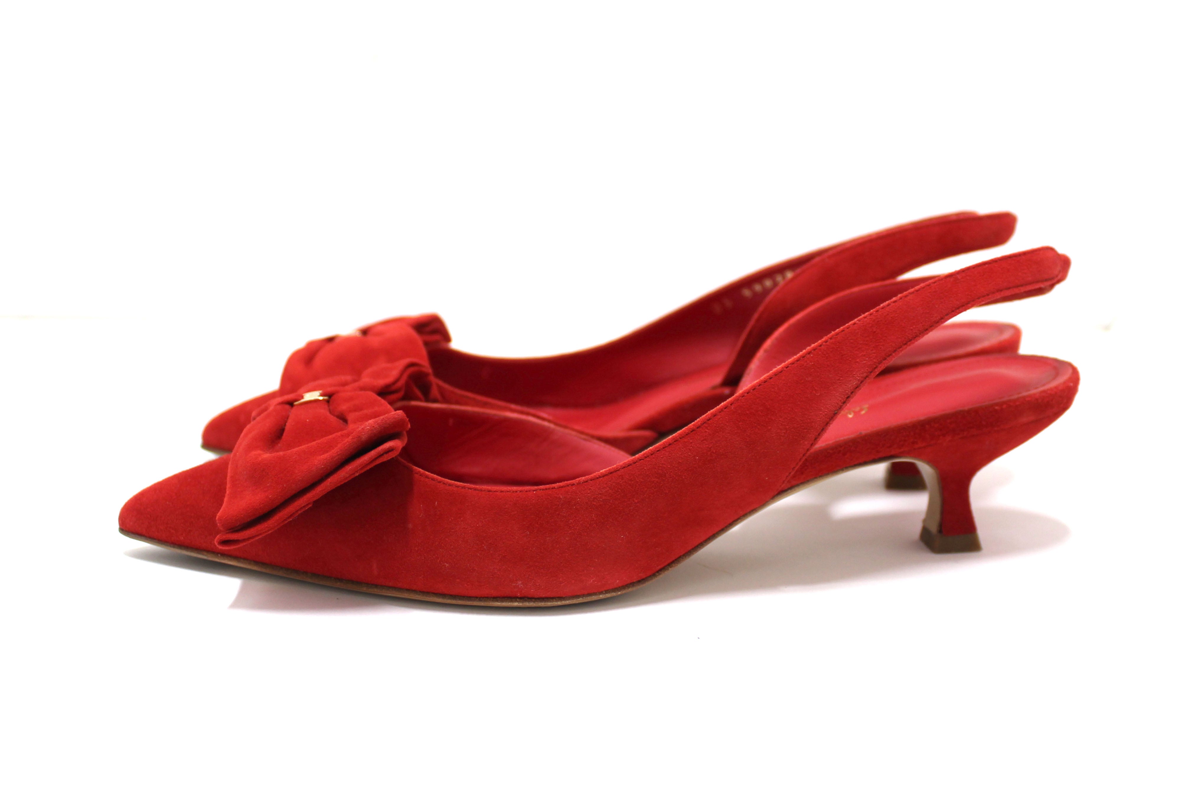 Authentic Salvatore Ferragamo Red Suede Reda Bow Slingback Pump Women's Size 8C - Elegant Heels for Weddings, Parties & Office Wear