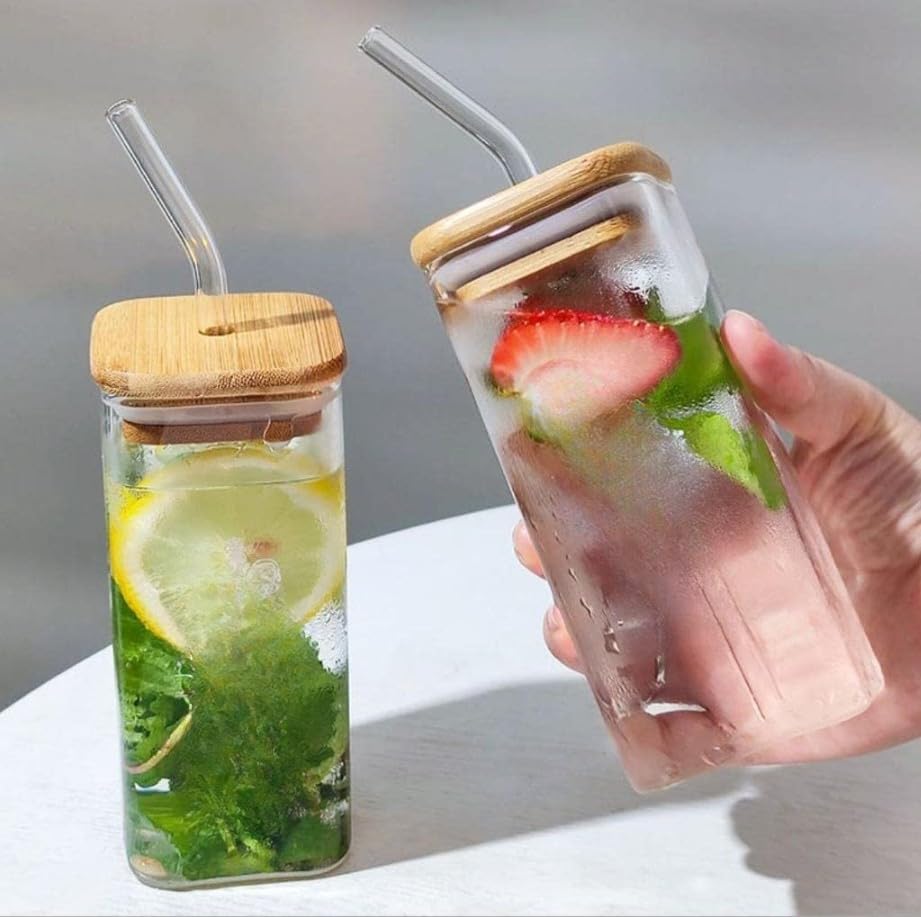 Sroxzy 350ml Mason Jars with Glass Straws & Airtight Wooden Lids - Reusable Drinking Glasses for Juice, Iced Tea, Smoothies, Beer & Cold Coffee - Perfect Travel Tumbler for Picnics, Office & Home Use - Pack of 1