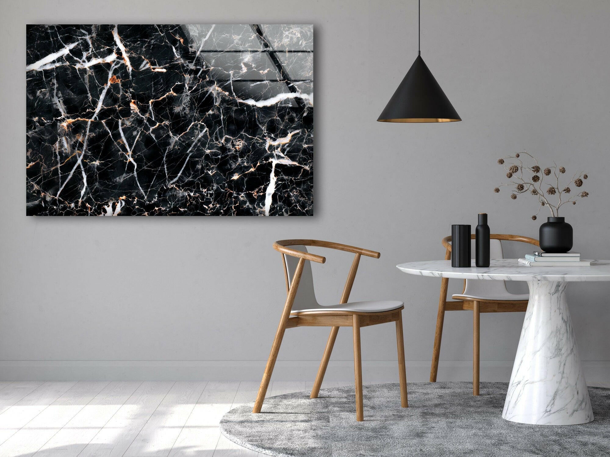 Black Abstract Marble Decor Glass Wall Art - Modern Home & Office Wall Decor for Living Room, Bedroom, Kitchen | Unique Handmade Glass Artwork for Interior Design