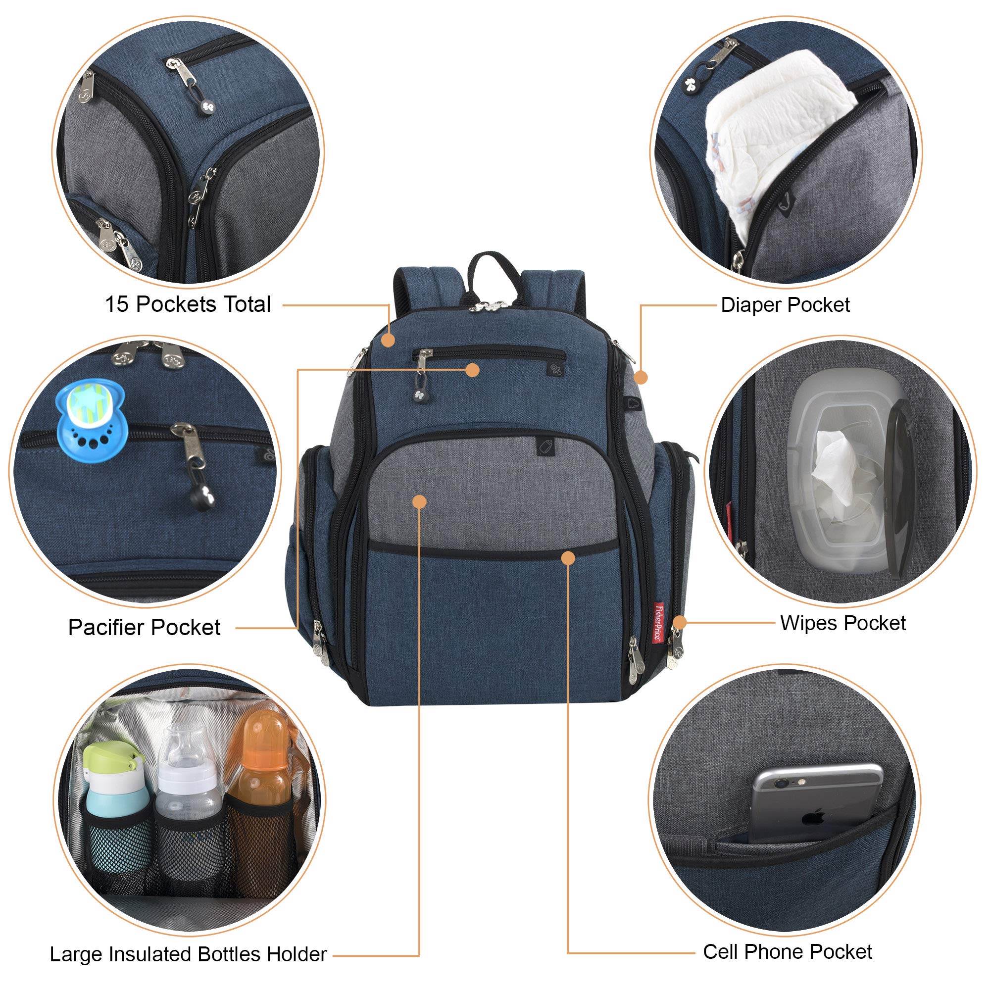 Fisher-Price Fastfinder 3-Piece Diaper Bag Backpack for Parents - Waterproof Baby Changing Bag with Insulated Bottle Pockets & Wipe Dispenser | Perfect for Daycare, Travel & On-the-Go Parenting