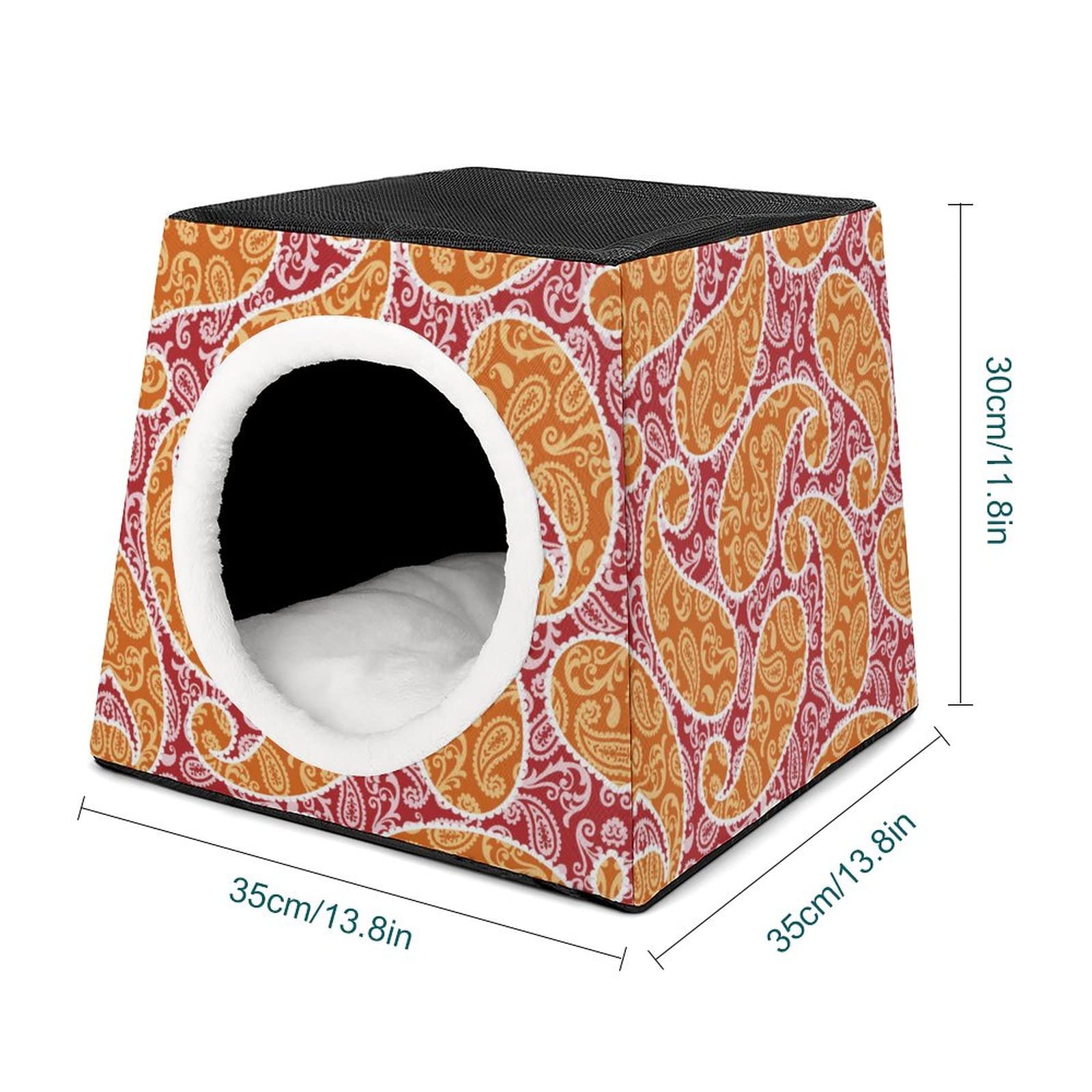 Printed Cat Cube Kitty House - Indoor Cat Bed & Small Dog Shelter - Warm & Cozy Pet Sofa with Red Yellow Paisley Design - Perfect for Napping, Playtime & Cozy Pet Spaces