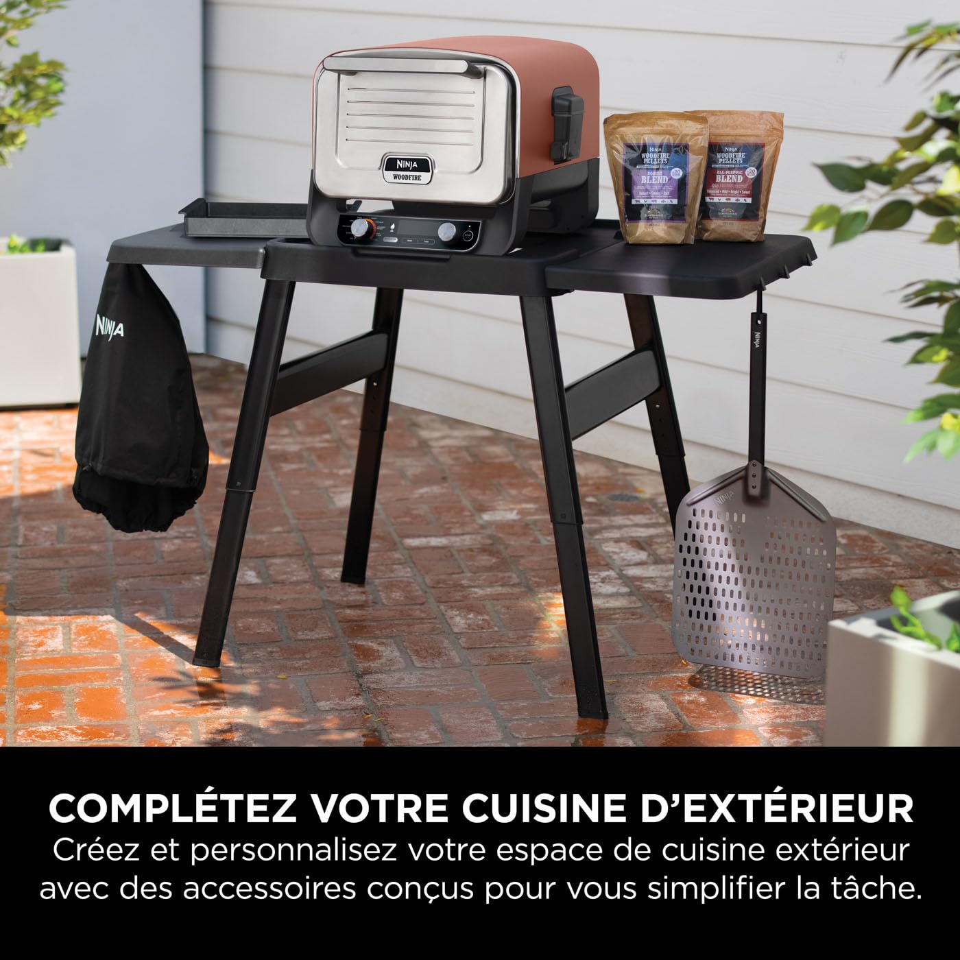 Ninja Woodfire Adjustable Side Table - Heavy Duty Outdoor BBQ Grill Stand, Pizza Oven Holder & Kitchen Cart for Patio, Deck, Backyard (Black) | Perfect for Outdoor Cooking, Entertaining & Camping