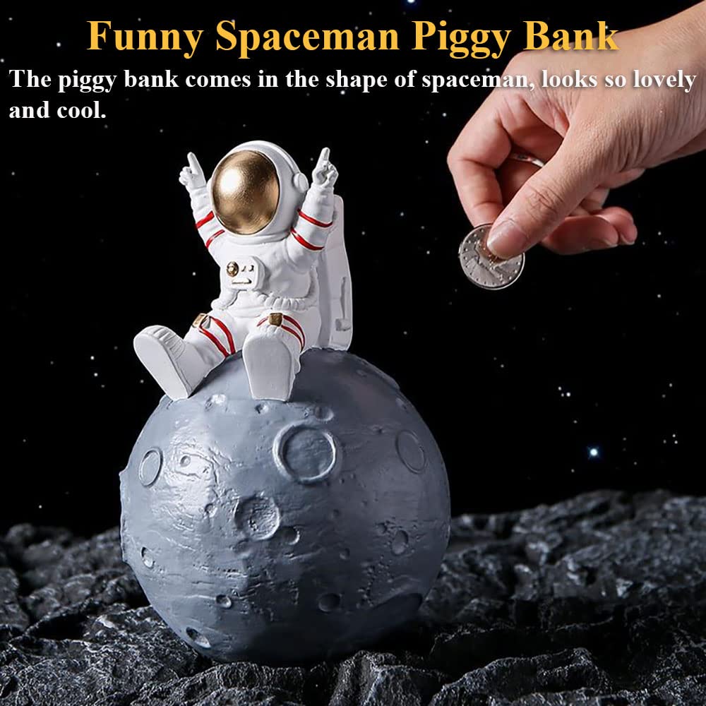 Space Man Piggy Bank - Creative Astronaut Money Box for Kids, Vinyl Moon Coin Bank with Space Shuttle Design, Aerospace Themed Decorative Savings Bank (Silver) - Perfect for Kids' Room Decor, Birthday Gifts & Space Theme Parties