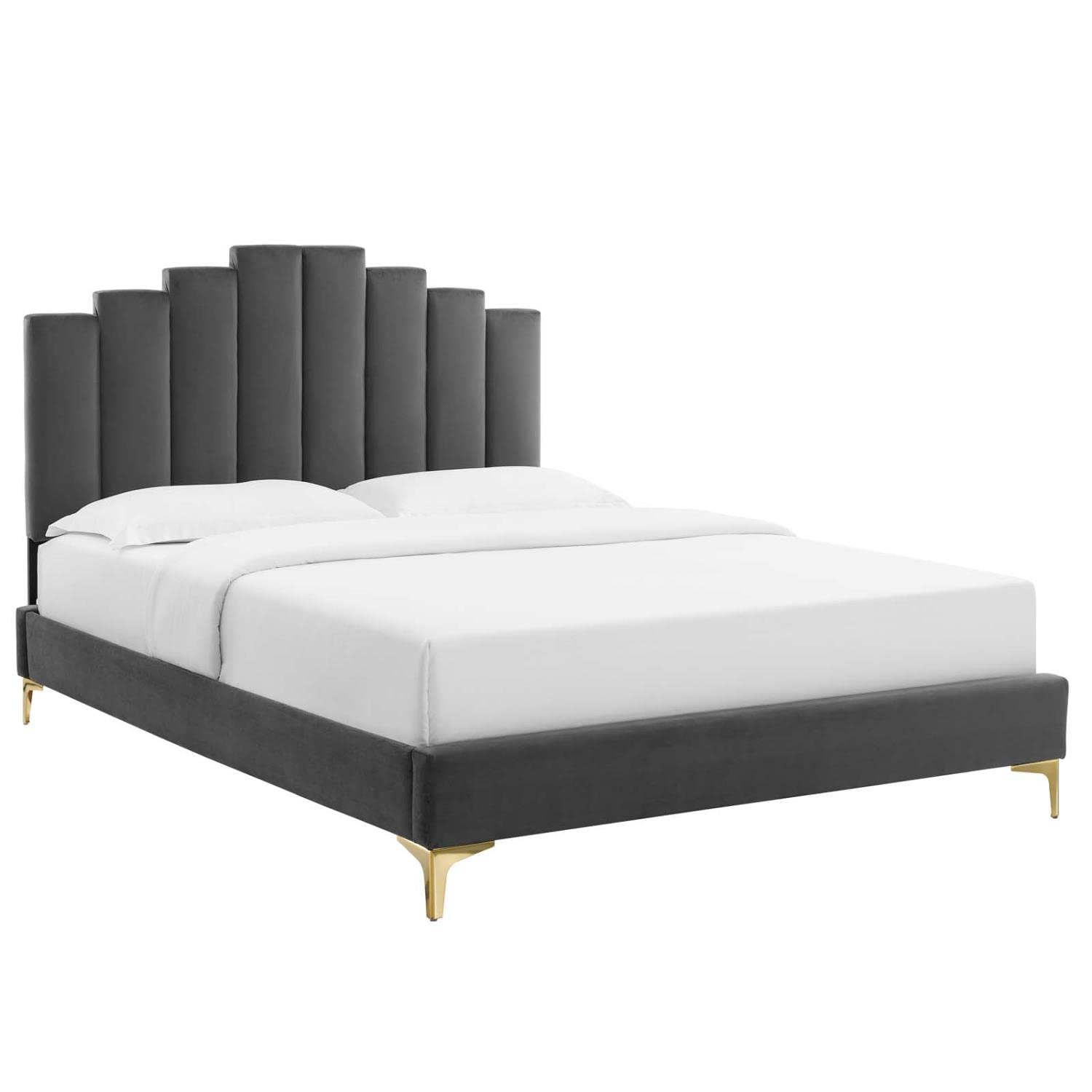 Modway Elise Channel Tufted Performance Velvet Full Platform Bed - Charcoal with Gold Metal Legs | Modern Bedroom Furniture for Small Spaces & Guest Rooms