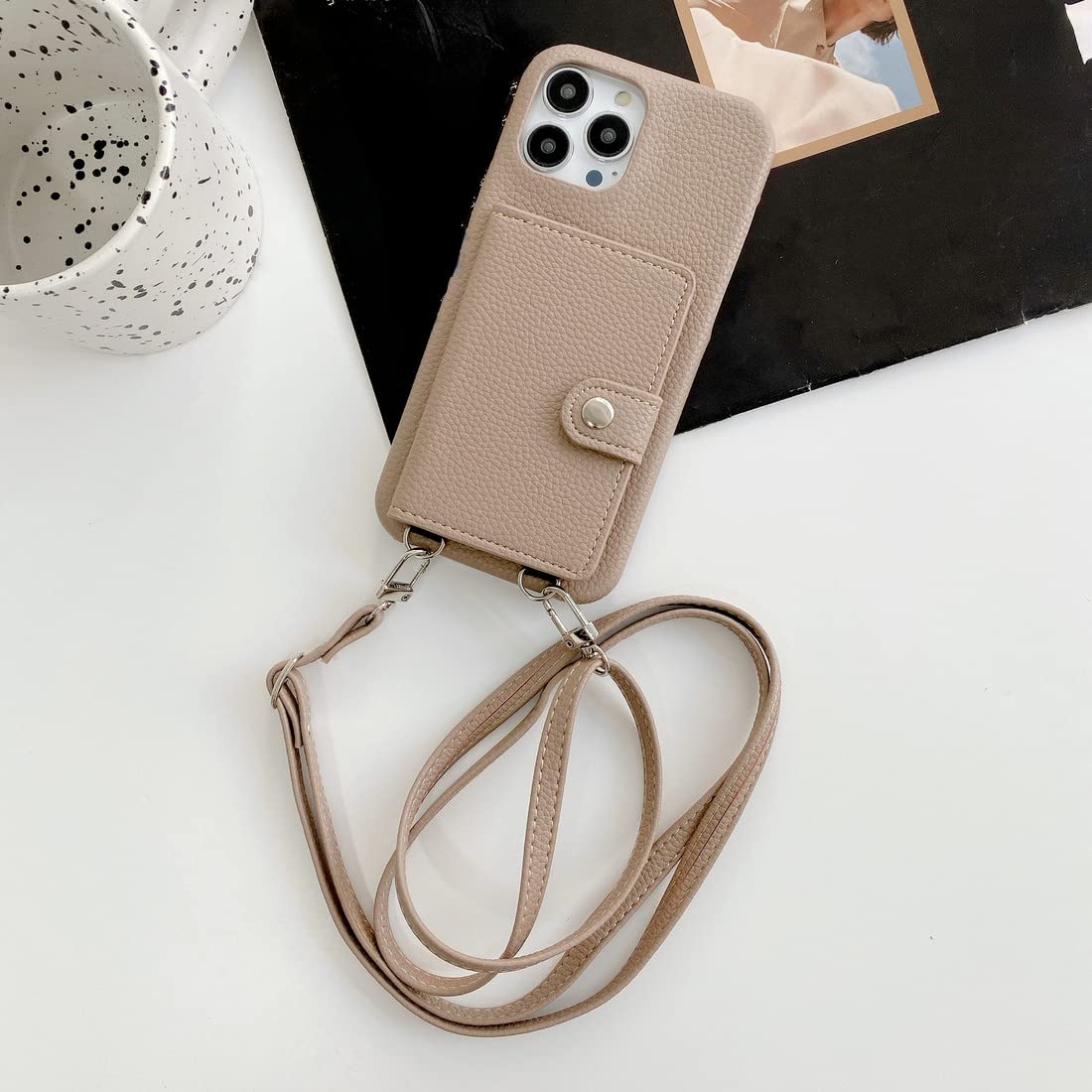 Premium Leather Card Holder Lanyard Phone Case for iPhone 14 Pro Max & iPhone 13 Pro Max - Slim Wallet Case with Wrist Strap (Khaki) - Perfect for Women's Everyday Use, Travel, and Hands-Free Convenience