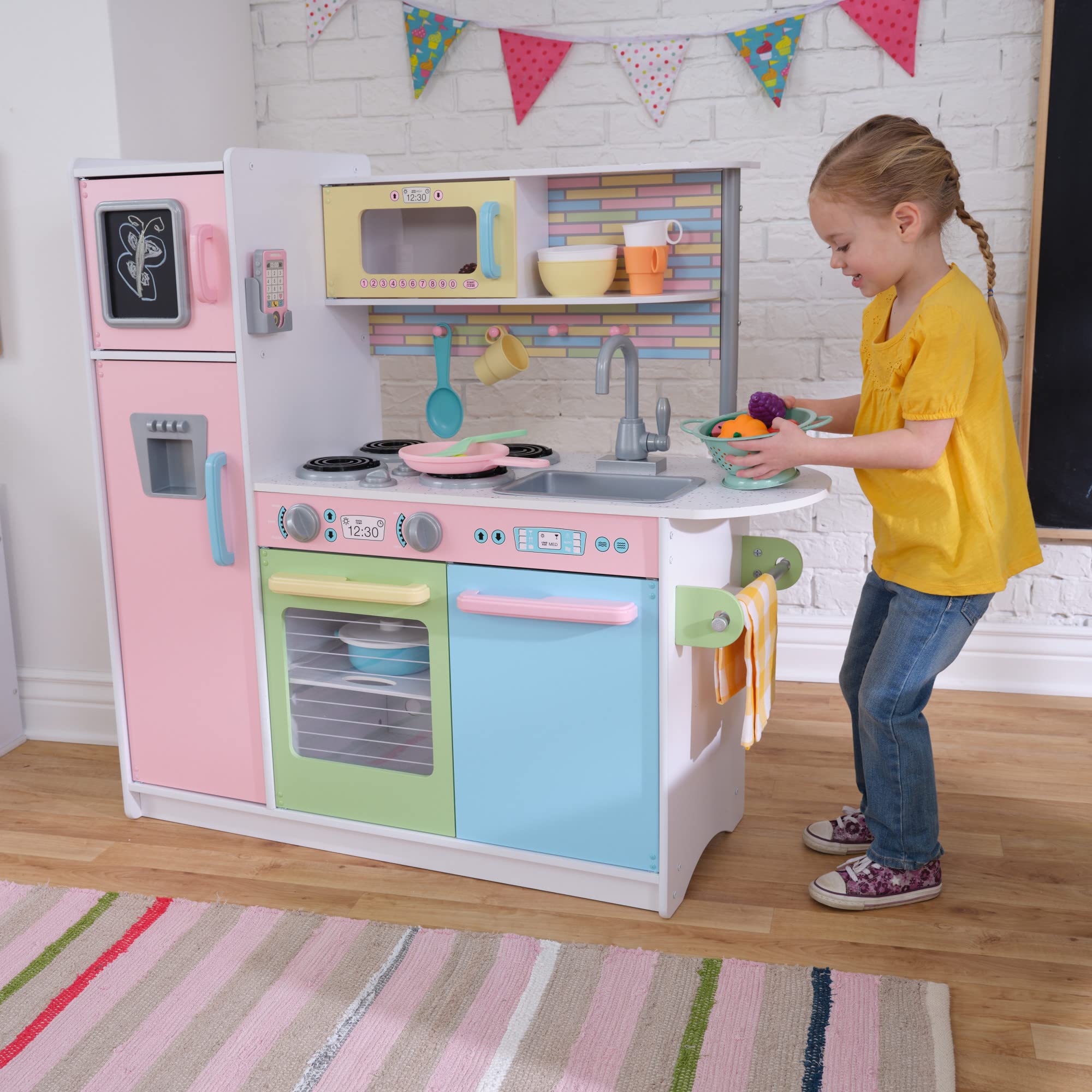 KidKraft Uptown Pastel Wooden Play Kitchen Set with Chalkboard, Play Phone & See-Through Doors - Pretend Play Toy for Toddlers Ages 3+ | Perfect for Imaginative Play, Birthday Gifts & Preschool Learning