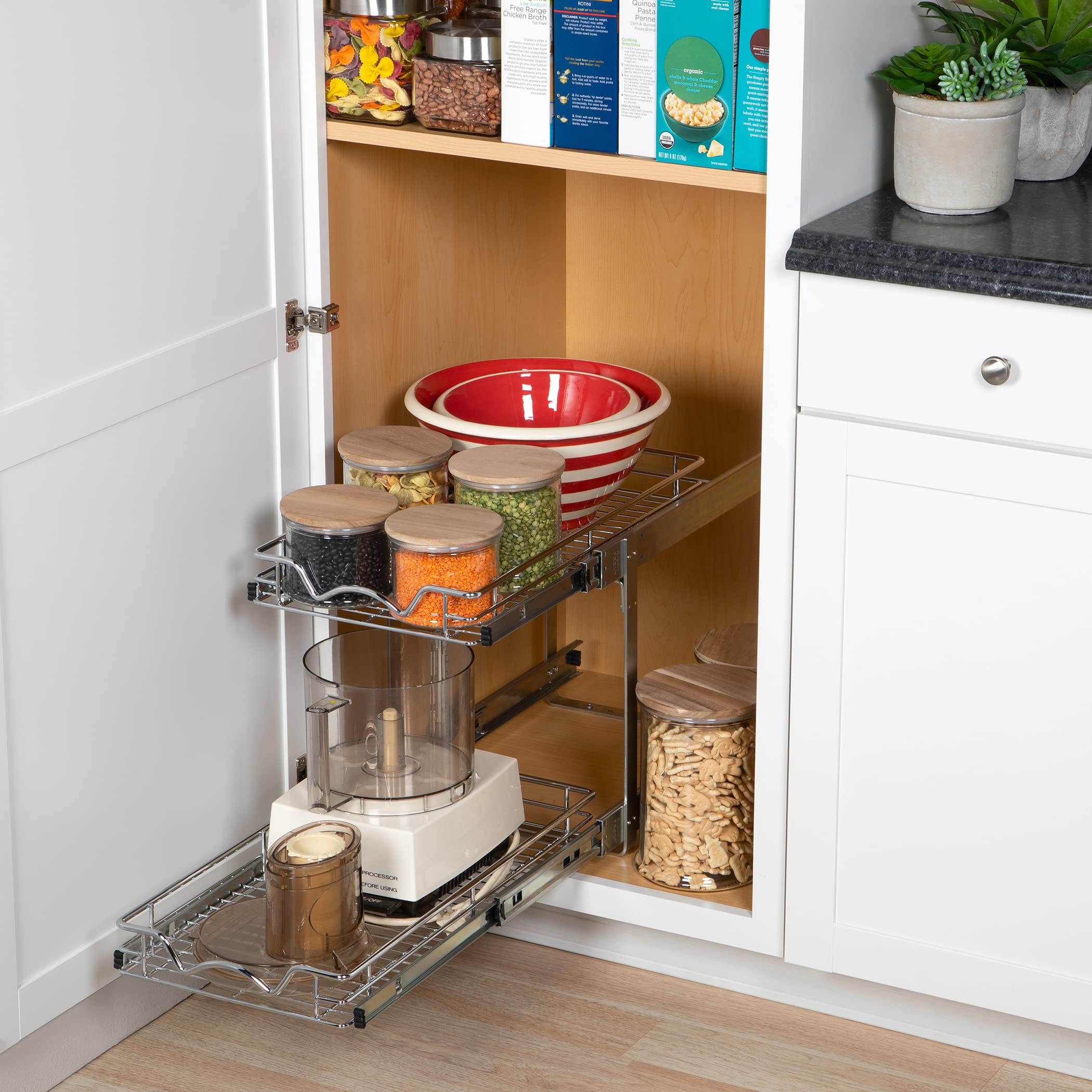 2-Tier Pull Out Cabinet Organizer - Heavy Duty Metal, Anti-Rust Chrome Finish for Kitchen & Bathroom Storage