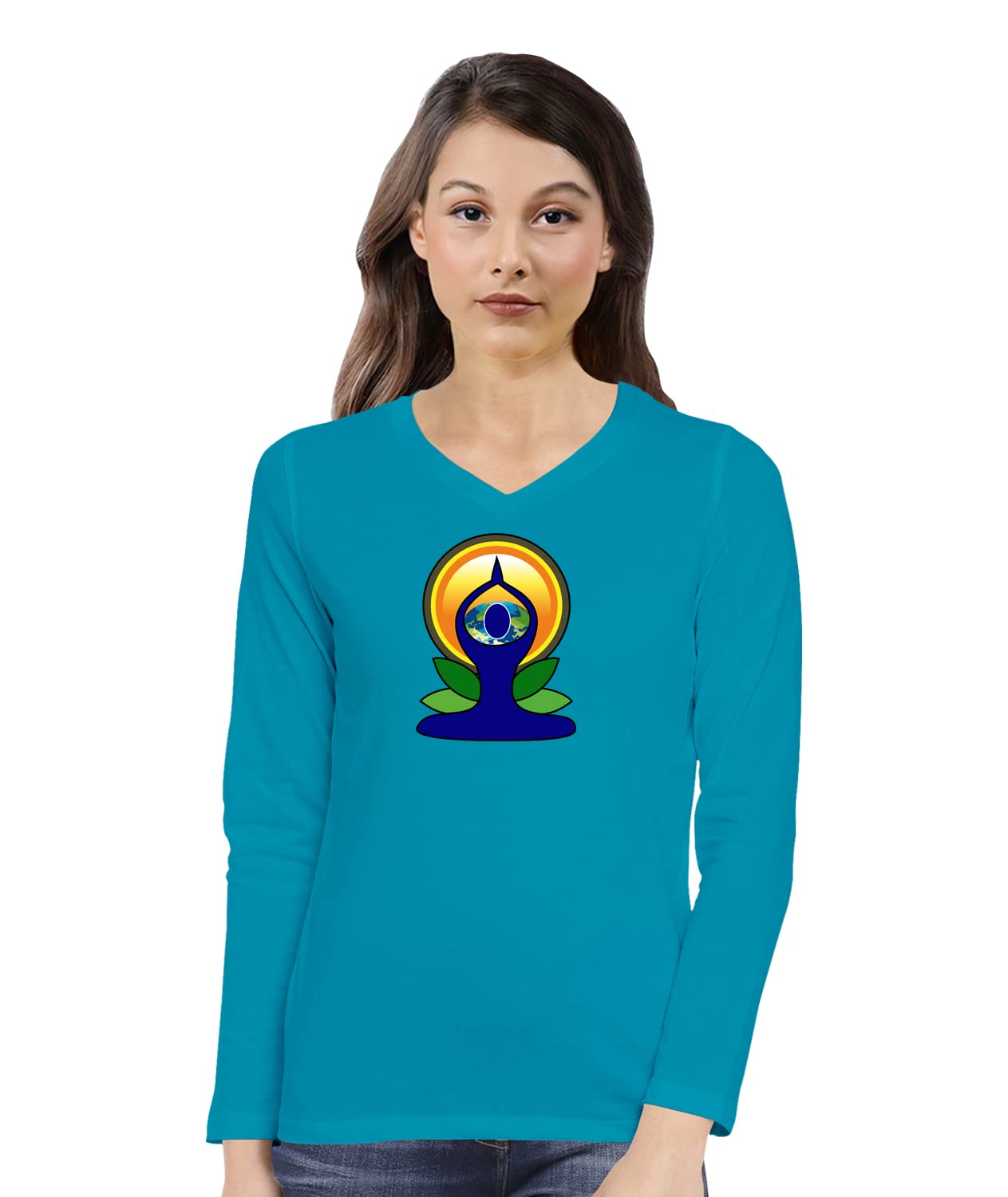 OPLU Women's Regular Fit Yoga T-Shirt - Cotton Printed V-Neck Full Sleeve Workout Top for Yoga, Exercise & Fitness | Trendy Casual Wear for Gym, Running & Daily Activities (Turquoise, XX-Large)