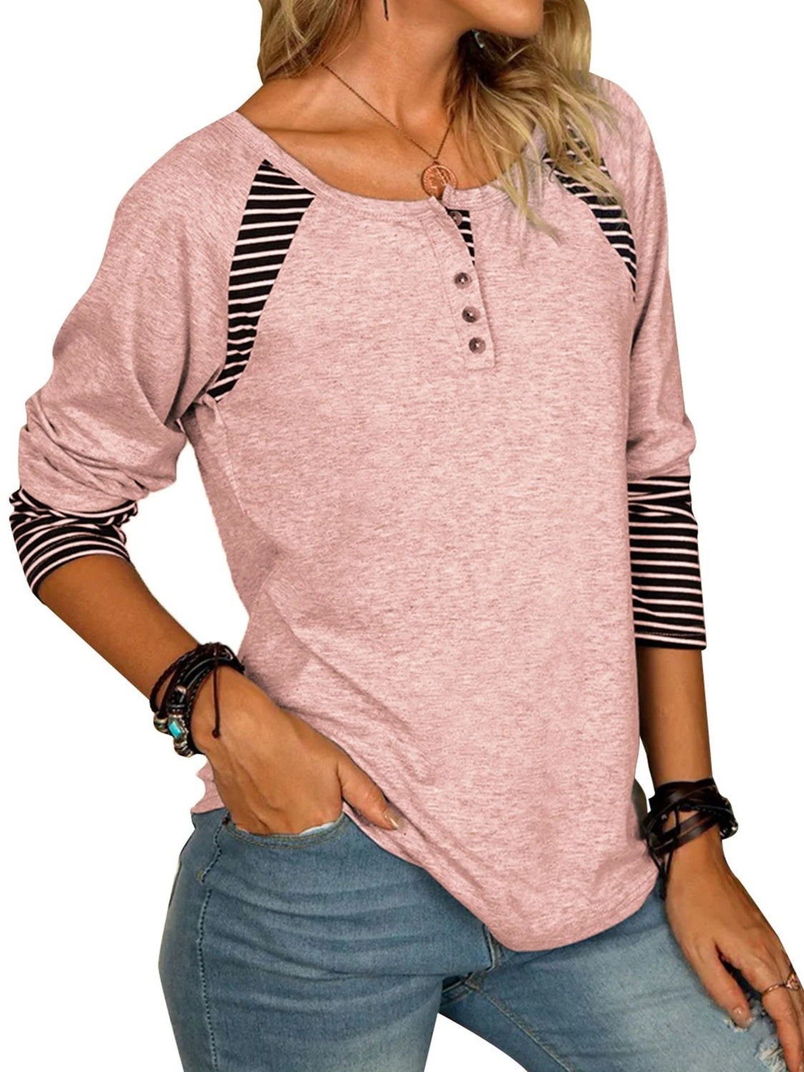 Men's Full Size Striped Quarter Button Long Sleeve T-Shirt - Casual Comfort Wear for Everyday Outfits & Layering