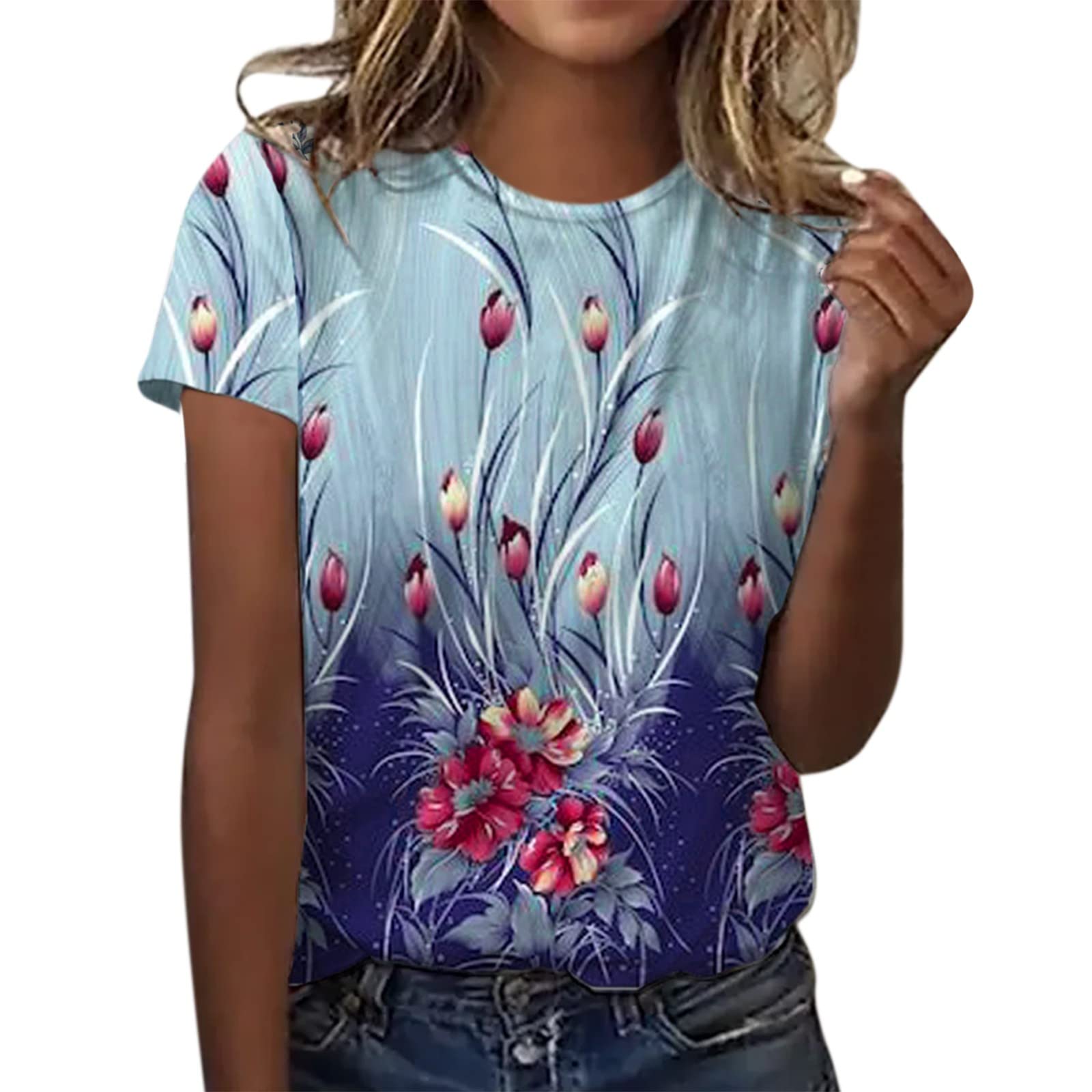 Women's Navy Blue Floral Printed Tank Top - Summer Short Sleeve Crew Neck Casual T-Shirt - Perfect for Beach Outings, Weekend Wear & Summer Fashion