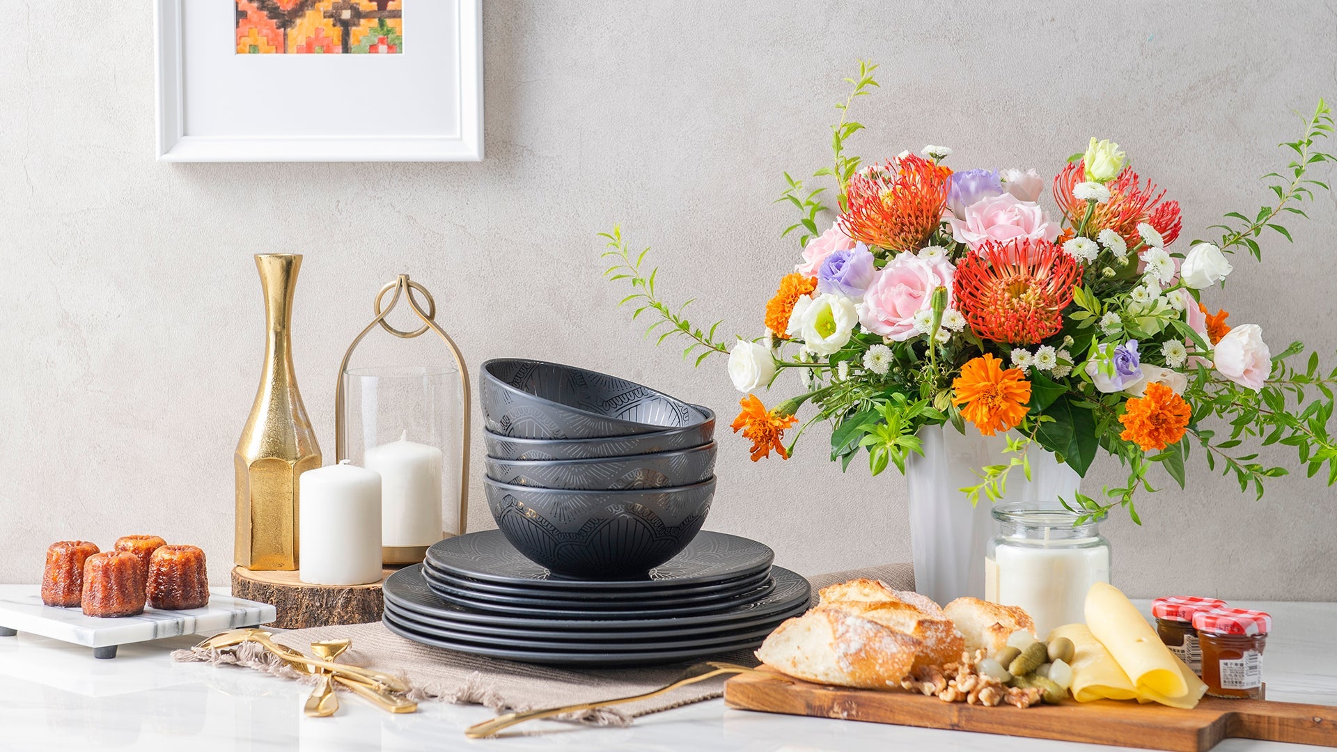 12-Piece La La Mandala Melamine Dinner Plate & Bowl Set - Black - Durable & Stylish for Outdoor Picnics, Camping, and Party Dining