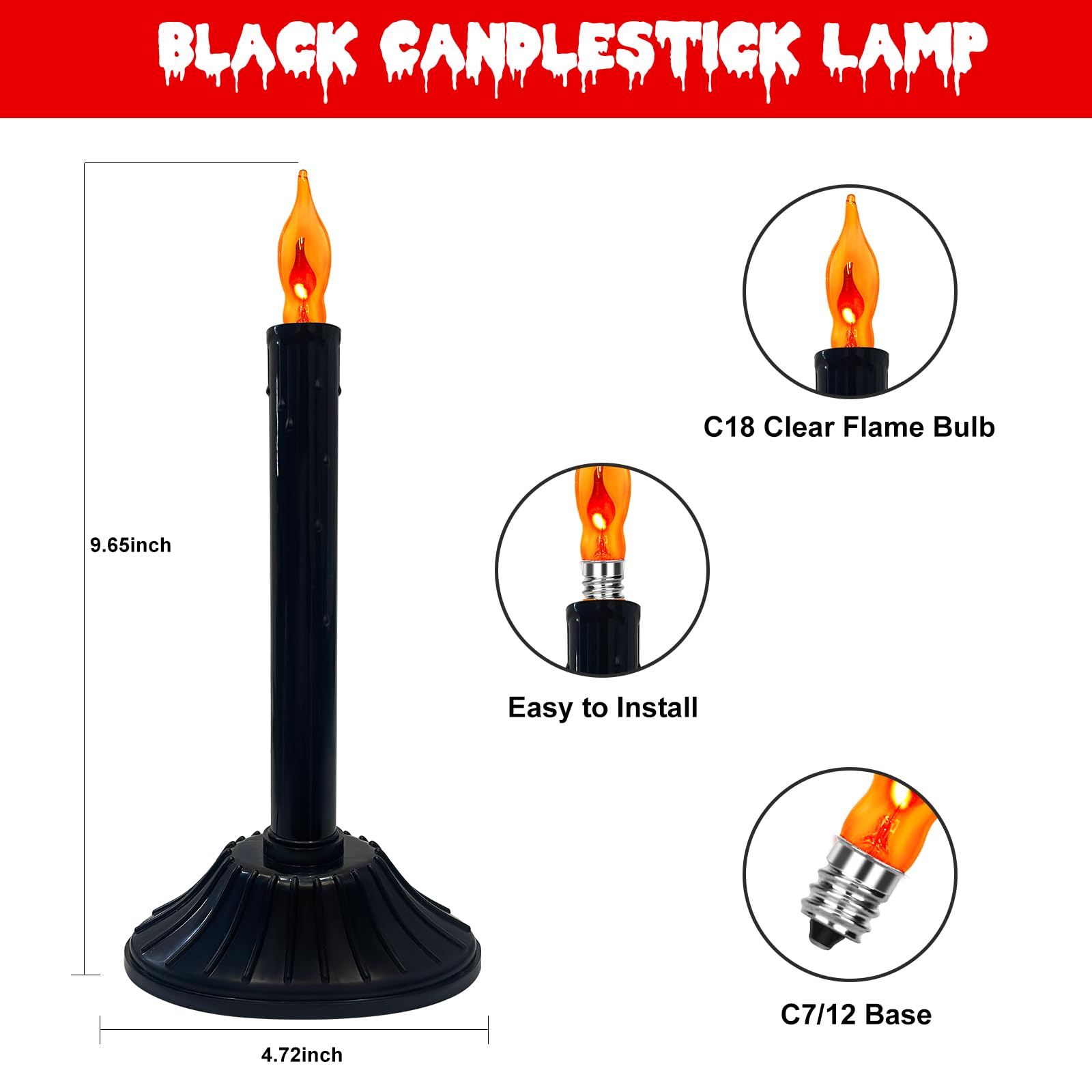 2 Pack Halloween Electric Candle Lamps - Black Window Candle Lights with C18 Orange Flickering Flame Bulbs (Includes 2 Spare Bulbs), Plug-in Flameless Candles for Halloween Decorations, Home, Table, Bar, Party & Holiday Ambiance - Perfect for Spooky Window Displays, Dinner Parties & Seasonal Festivities