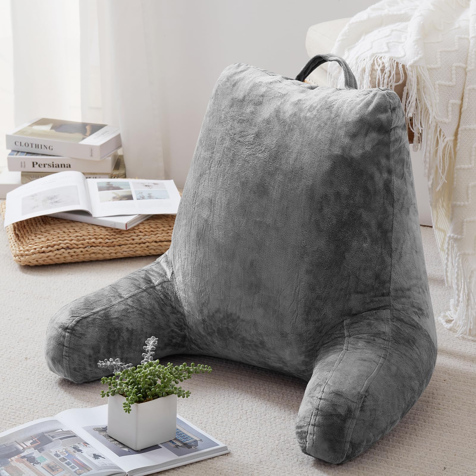 ROKDUK Reading Pillow for Adults - Shredded Memory Foam Backrest with Arms, Support Cushion for Sitting in Bed, Sofa or Floor - Perfect for Reading, Watching TV, Gaming and Relaxing