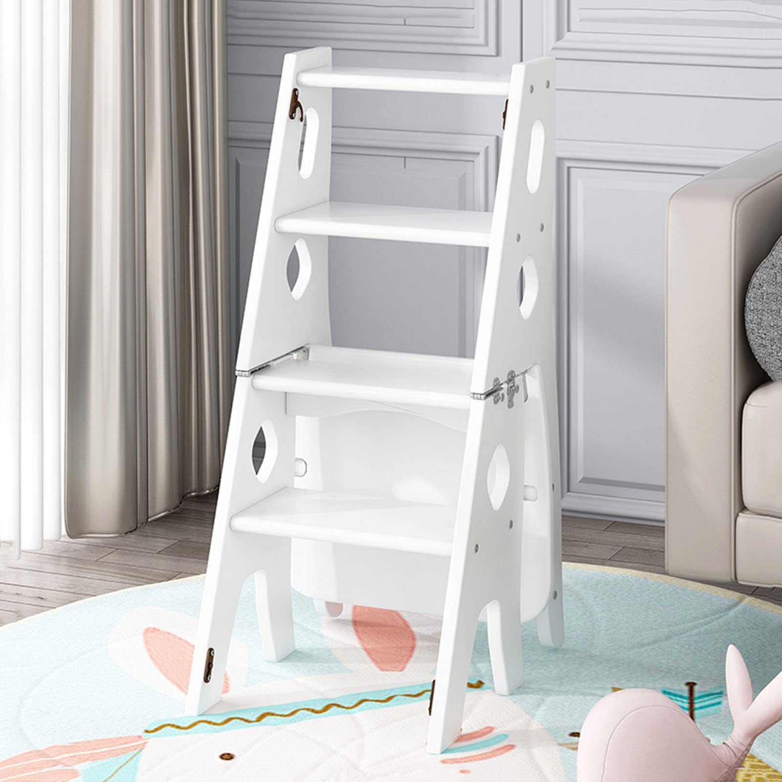 XHALERY White Wooden Folding Step Stool Ladder - Non-Slip Compact Multi-Functional Step Stool for Home, Library, Kitchen, and Closet Organization - Perfect for Reaching High Shelves and Storage Spaces