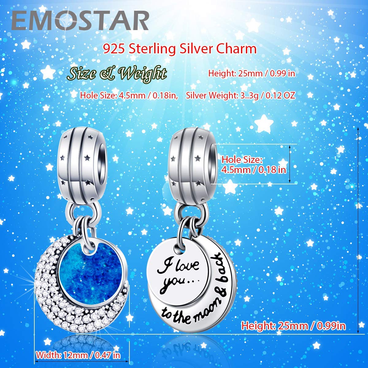 EMOSTAR Sterling Silver I Love You Charms Set - Moon & Starry Sky Pendant with Dog Mom Pawprint Charm for Women's Bracelet | 925 Silver Jewelry Gift for Pet Lovers, Valentine's Day & Christmas | Perfect for Everyday Wear, Special Occasions & Gift-Giving