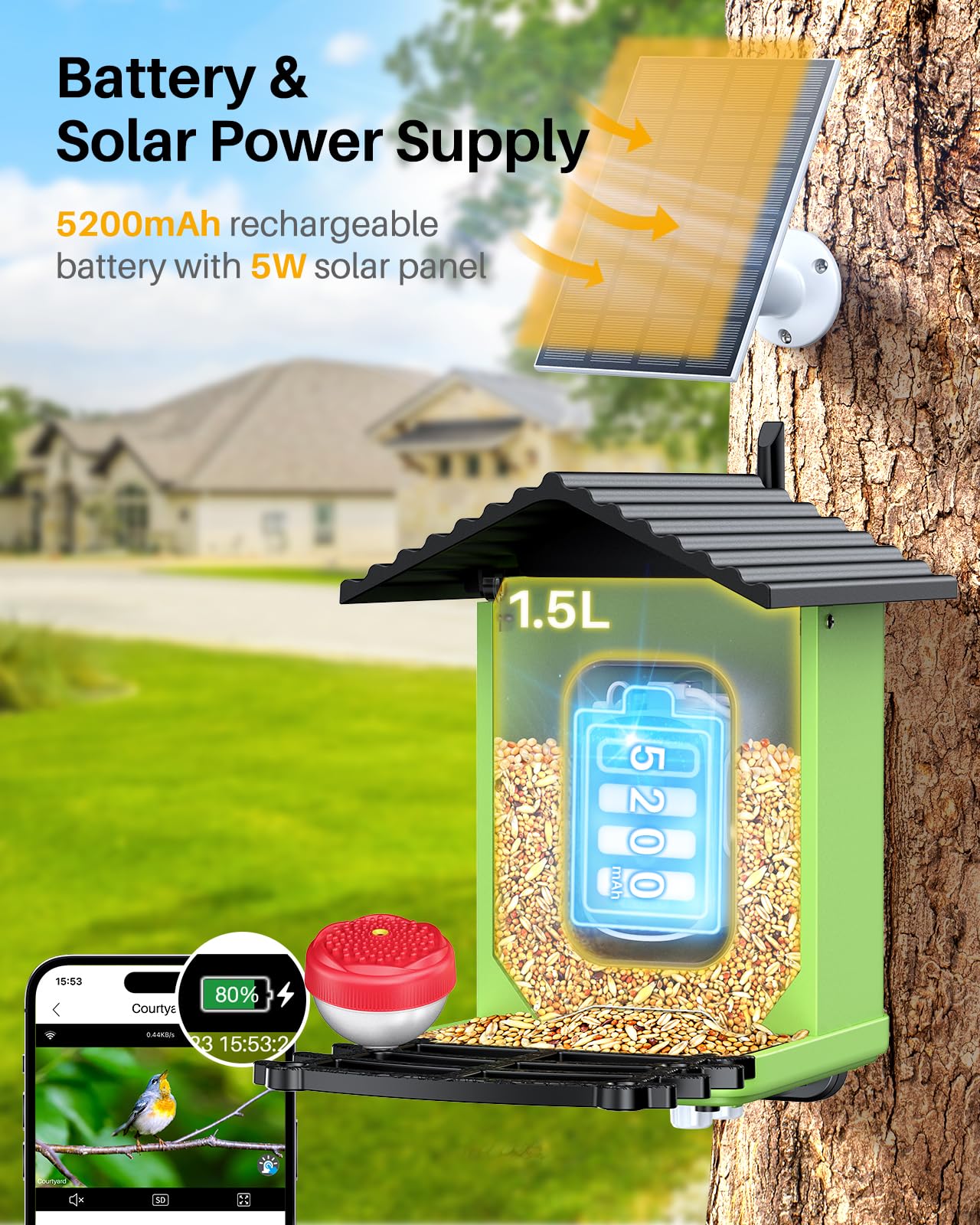 2K HD Smart Bird Feeder with Camera - Solar Powered AI Bird House with Live View, Instant Alerts & Auto Video Capture - Perfect Outdoor Gift for Bird Lovers | Watch & Identify Birds in Your Backyard