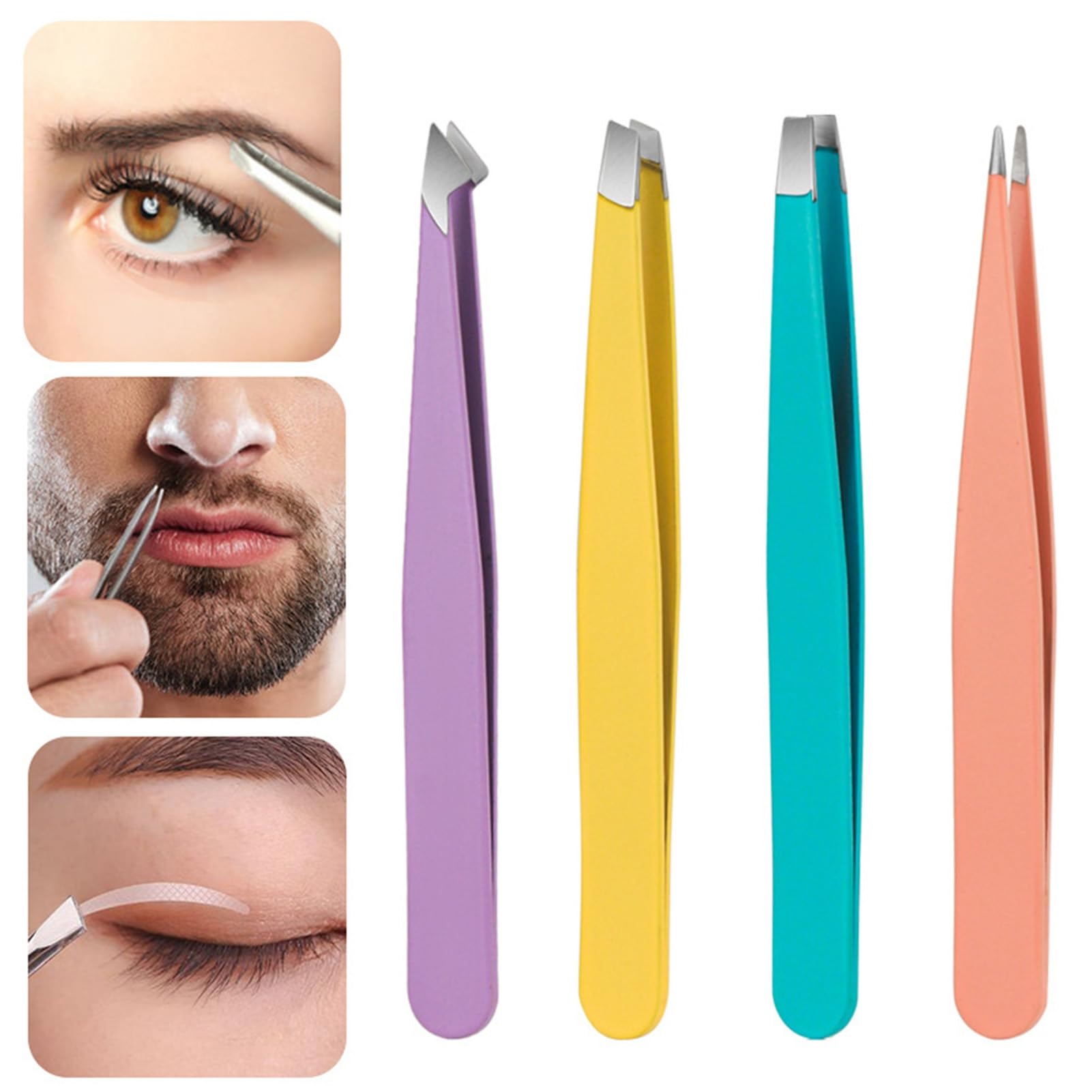 Professional Stainless Steel Short Hair Clipping & Ingrown Hair Removal Tool Set - 4-Piece Slant Tip Eyebrow Tweezers for Precise Grooming | Perfect for Eyebrow Shaping, Facial Hair Removal & DIY Beauty Care