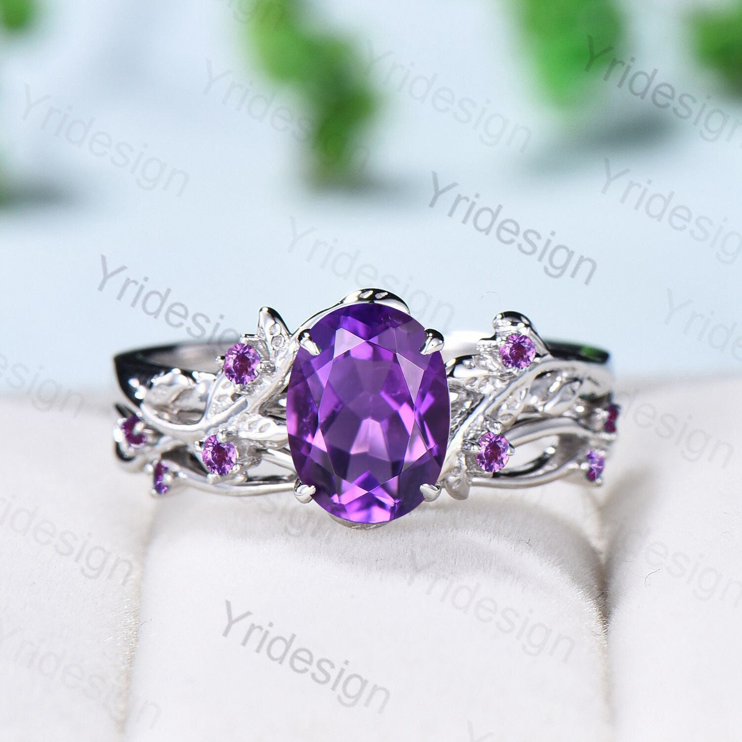 Nature Inspired Amethyst Ring Set - Rose Gold Cluster Vintage Engagement Ring with Purple Amethyst, Unique Leaf Crystal Wedding Jewelry for Women | Perfect for Bridal, Anniversary & Boho Fashion