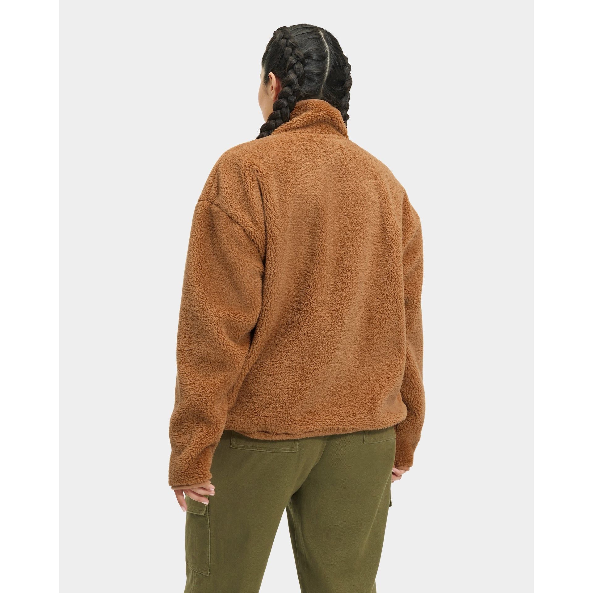 UGG Women's Atwell Sherpa Half Snap Pullover Sweater - Cozy Fleece-Lined Winter Cardigan in Tawny for Casual Outfits & Cold Weather