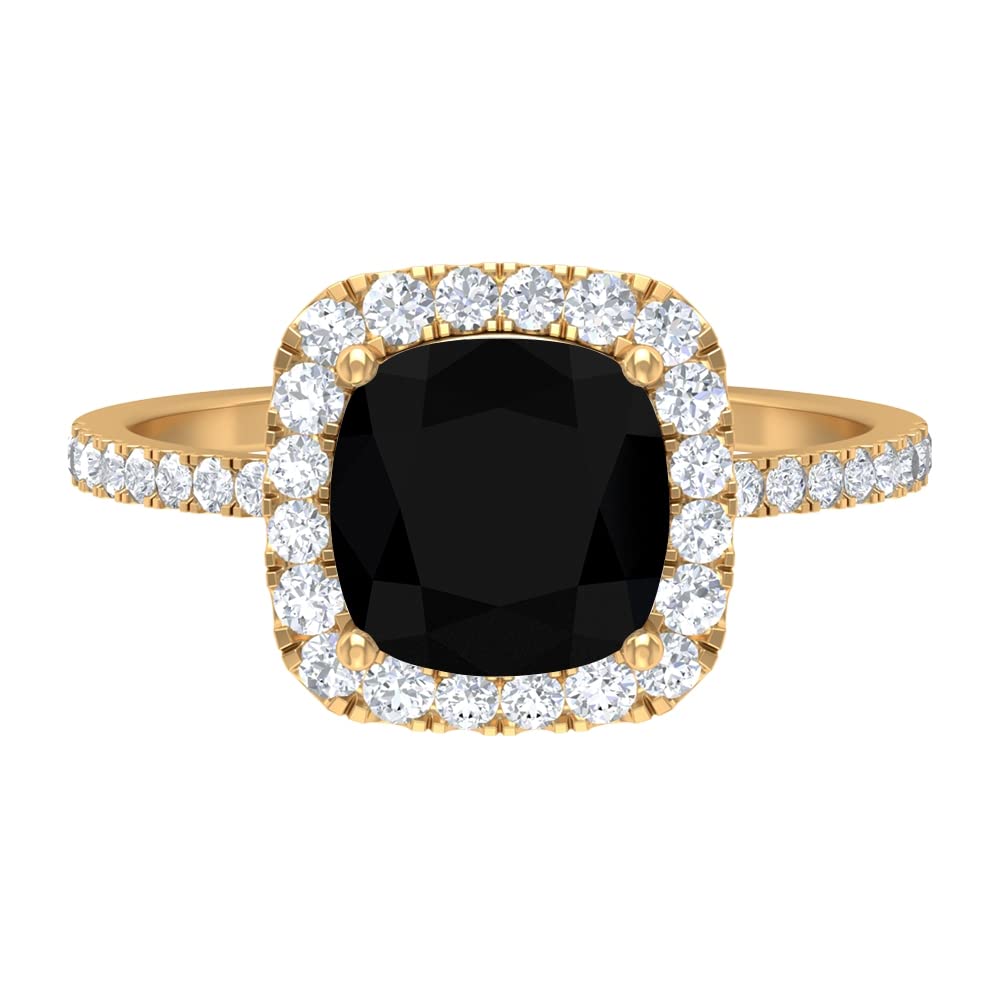 8mm Cushion Cut Black Onyx Solitaire Ring with D-VSSI Moissanite Halo - 14K Solid Gold Engagement Ring for Women, AAA Quality Side Stones, Perfect for Anniversary, Wedding & Proposal Gifts