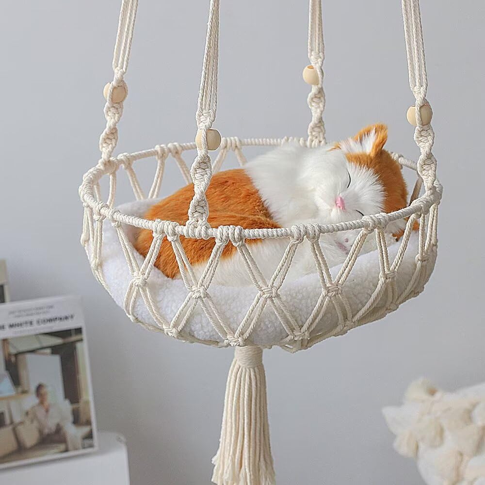 Bohemian Handwoven Macrame Hanging Cat Hammock Bed for Sleeping, Playing & Lounging - Indoor/Outdoor Pet Swing Bed for Home Decor - Perfect for Living Rooms, Balconies & Catios