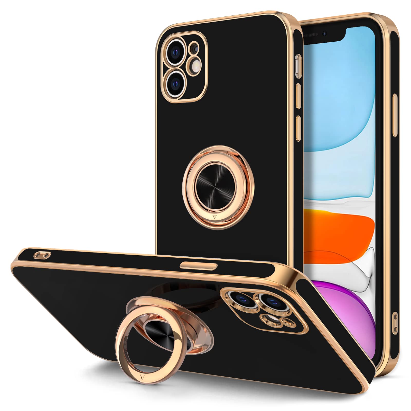 Hython Magnetic Ring Stand Case for iPhone 11 - 360° Rotatable Kickstand with Rose Gold Edge | Slim Soft TPU Protective Phone Cover for Women & Men (Black) | Perfect for Hands-Free Viewing, Video Calls & Secure Grip