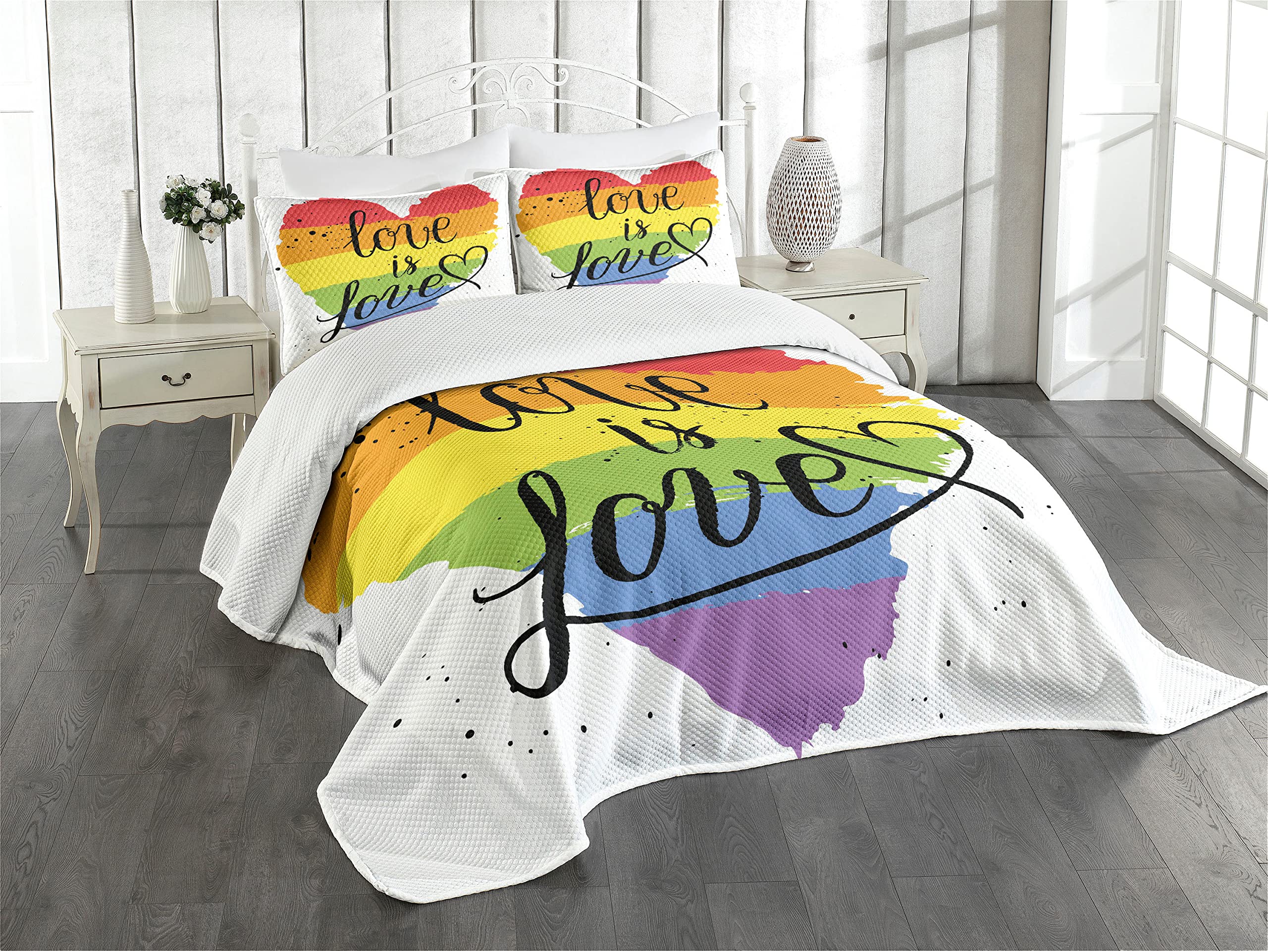 Ambesonne Pride Bedspread Set - LGBT Rainbow Love is Love Handwriting Design, 3-Piece Queen Size Bedding Set with Coverlet & 2 Pillow Shams - Perfect for Pride Month, LGBTQ+ Weddings & Rainbow-Themed Bedrooms