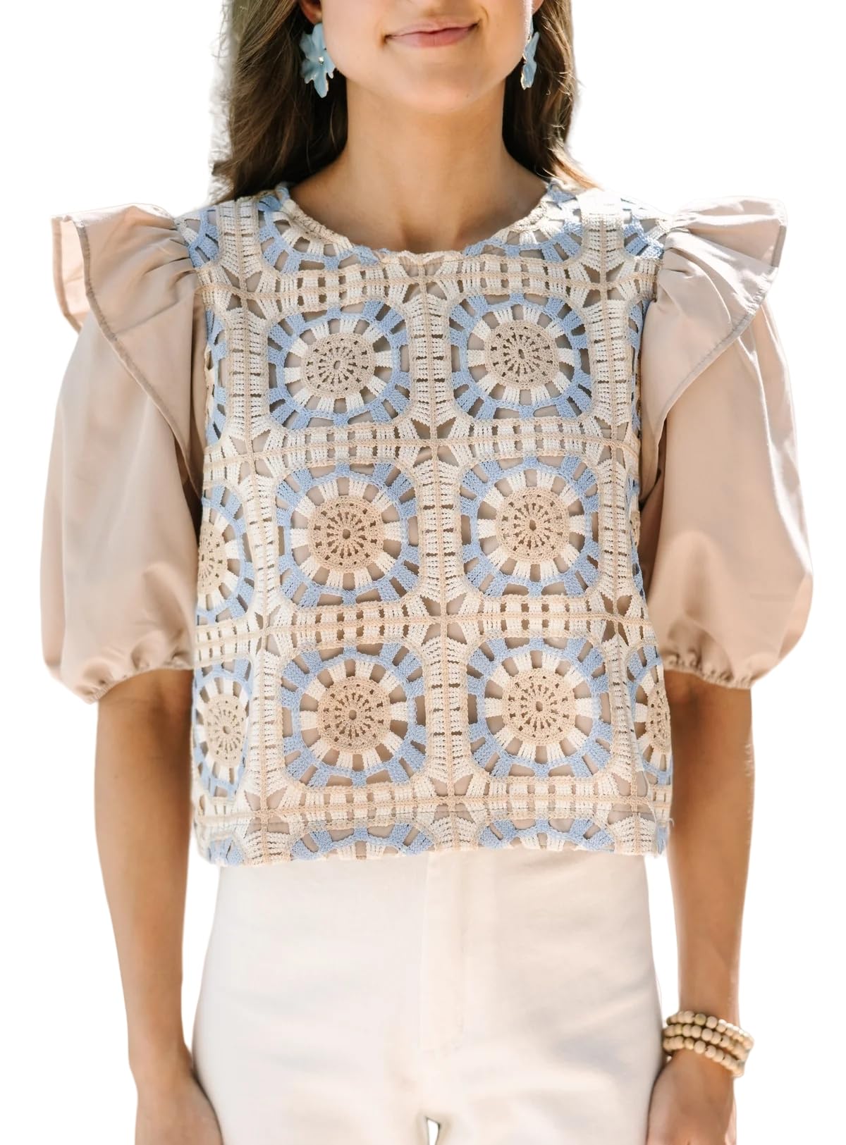 Women's Crochet Crop Top Summer Floral Eyelet Boho Blouse - Cute Ruffle Sleeve Round Neck Casual T-Shirt for Beach, Music Festivals & Date Nights
