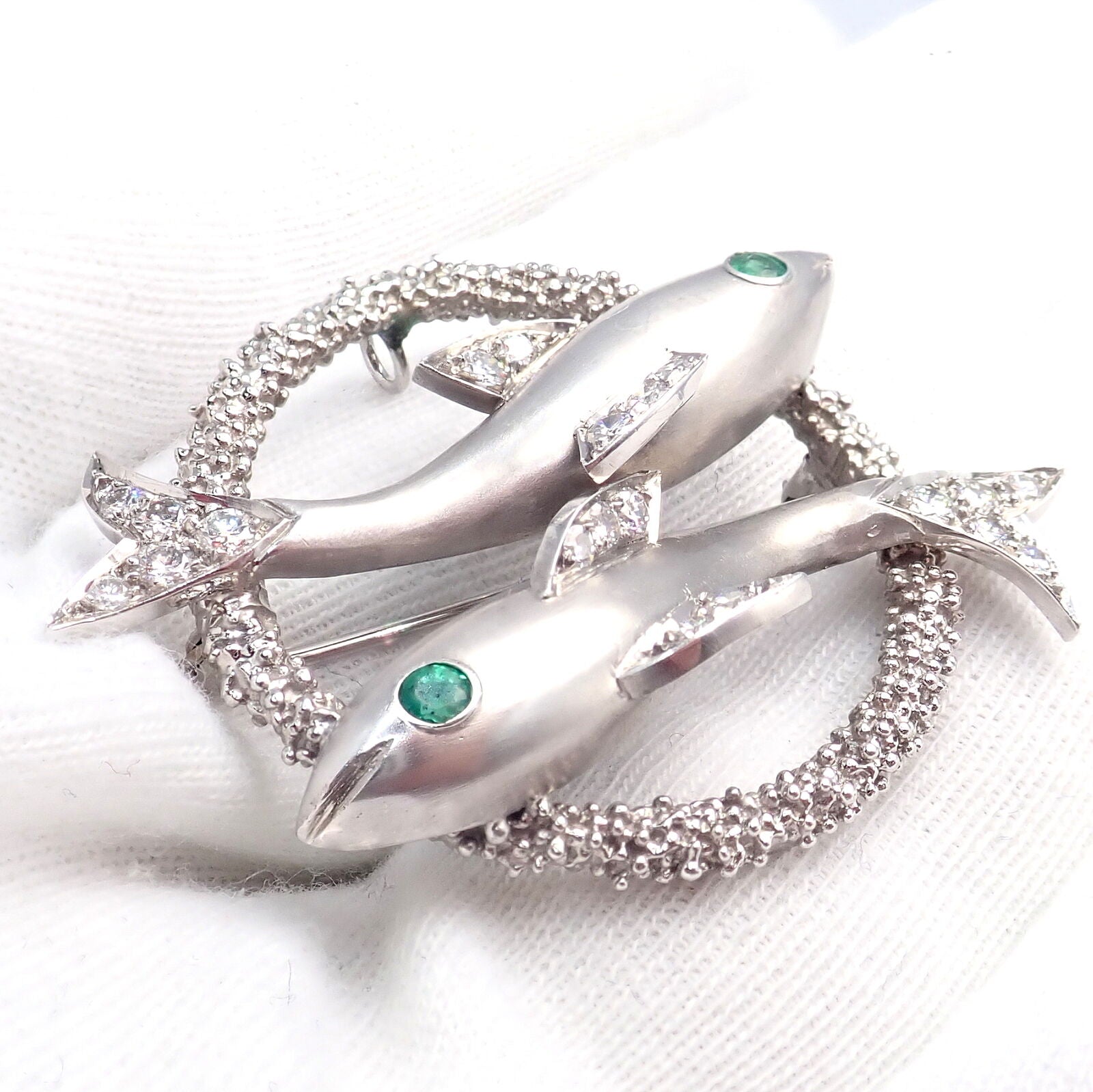 Cartier 18k White Gold & Platinum Diamond Emerald Zodiac Pisces Fish Brooch Pin - Luxury Jewelry Gift for Women, Perfect for Special Occasions & Collectors