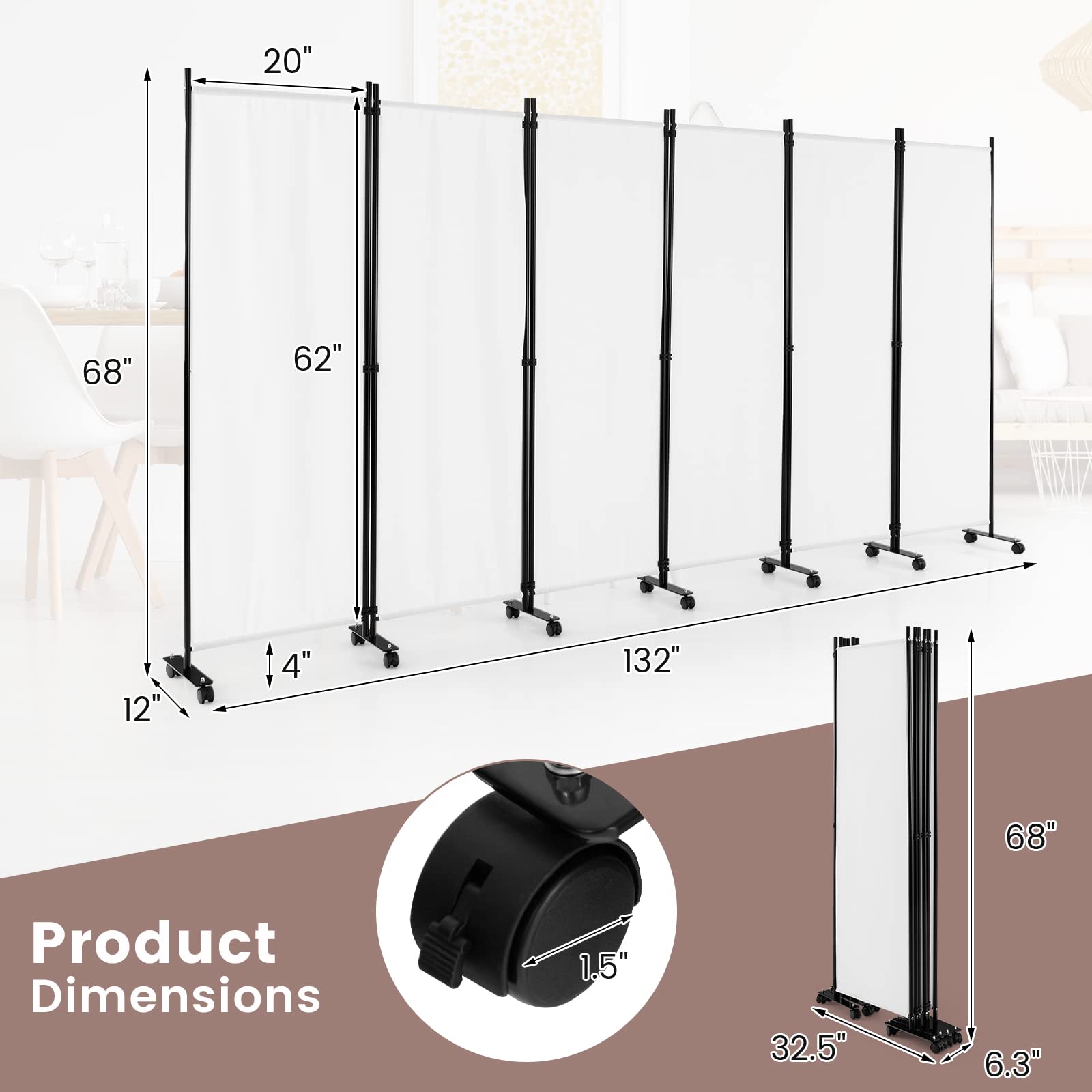 6 Panel Room Divider with Wheels - 5.6Ft Tall Portable Folding Privacy Screen, Freestanding Fabric Partition for Office, Studio, Home & Event Spaces - Durable Wear-Resistant White Room Separator (6-Panel) - Perfect for Creating Private Spaces, Dividing Rooms, and Enhancing Workspace Privacy