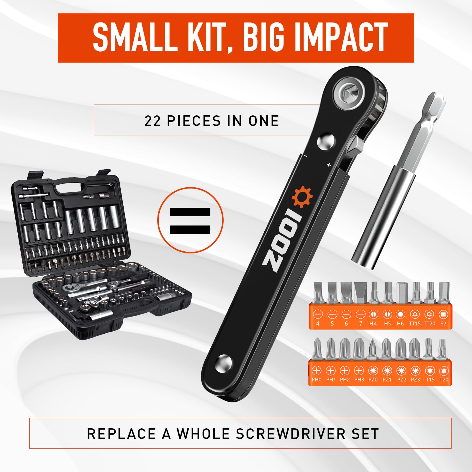 ZOOI 22-in-1 Ratcheting Pocket Screwdriver Set - 90 Degree Right Angle Screwdriver with Low Profile Design - Perfect EDC Tool for Tight Spaces - Ideal Gift for Men, DIY Enthusiasts & Mechanics (Use for Electronics Repair, Automotive Work & Home Improvement Projects)